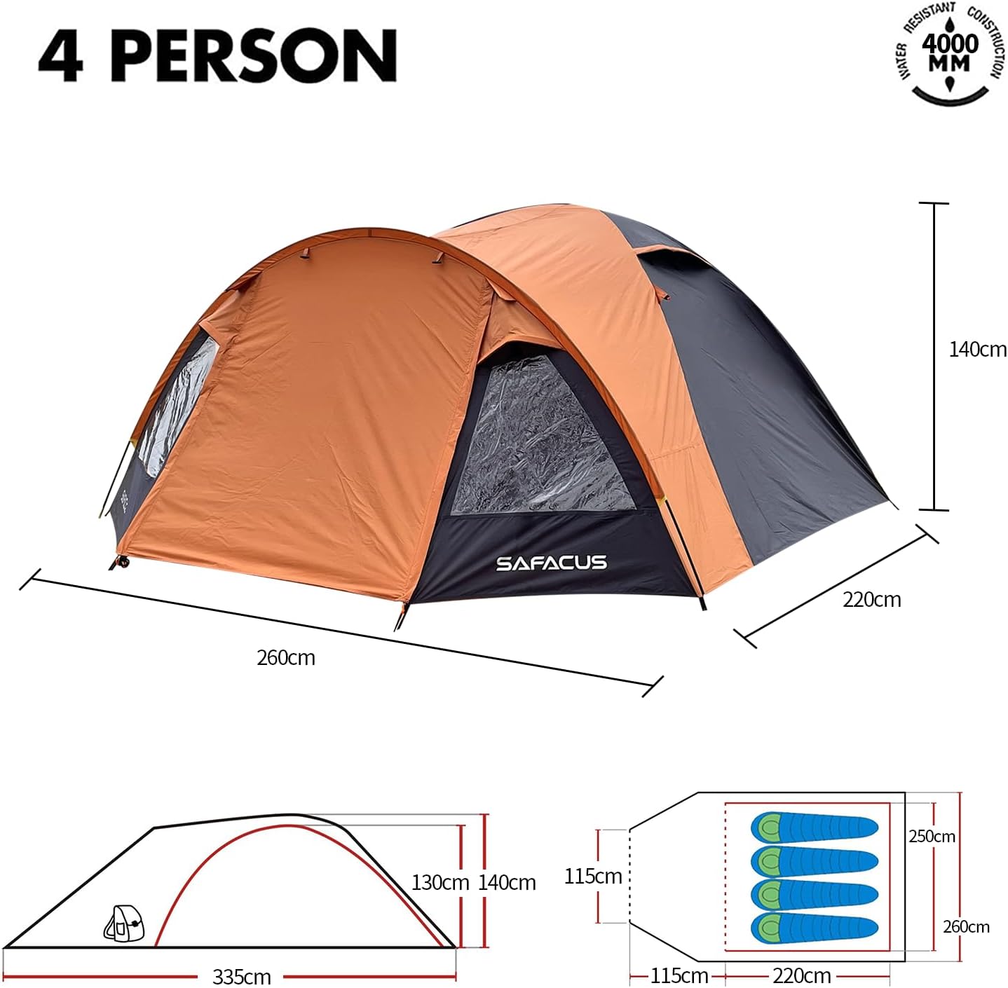 Thumbnail 2 de SAFACUS 3-4 Person Dome Tent: Double Layer, Full Waterproof, Easy Setup for Outdoors