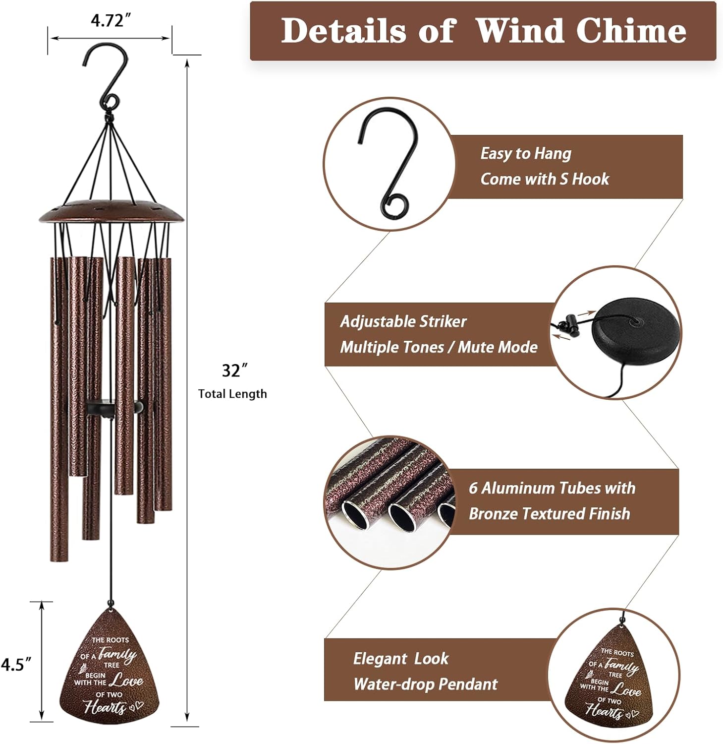 Detalle 2 de Soopau AG-251017 32-Inch Aluminum Wind Chime, Textured Bronze Finish