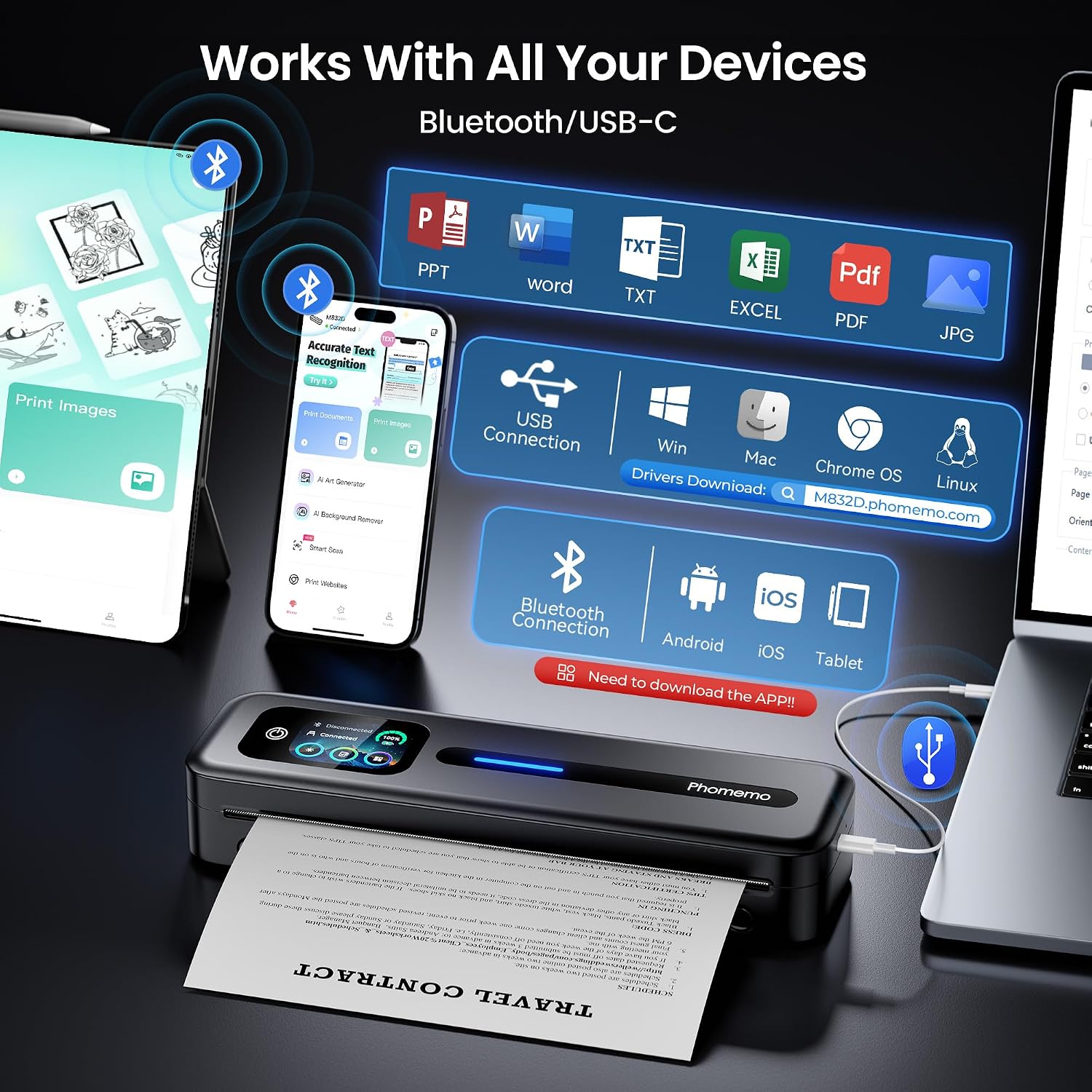 Thumbnail 5 de Phomemo M832D Portable Printer: Touchscreen, Inkless Bluetooth, 3 Roll Pack