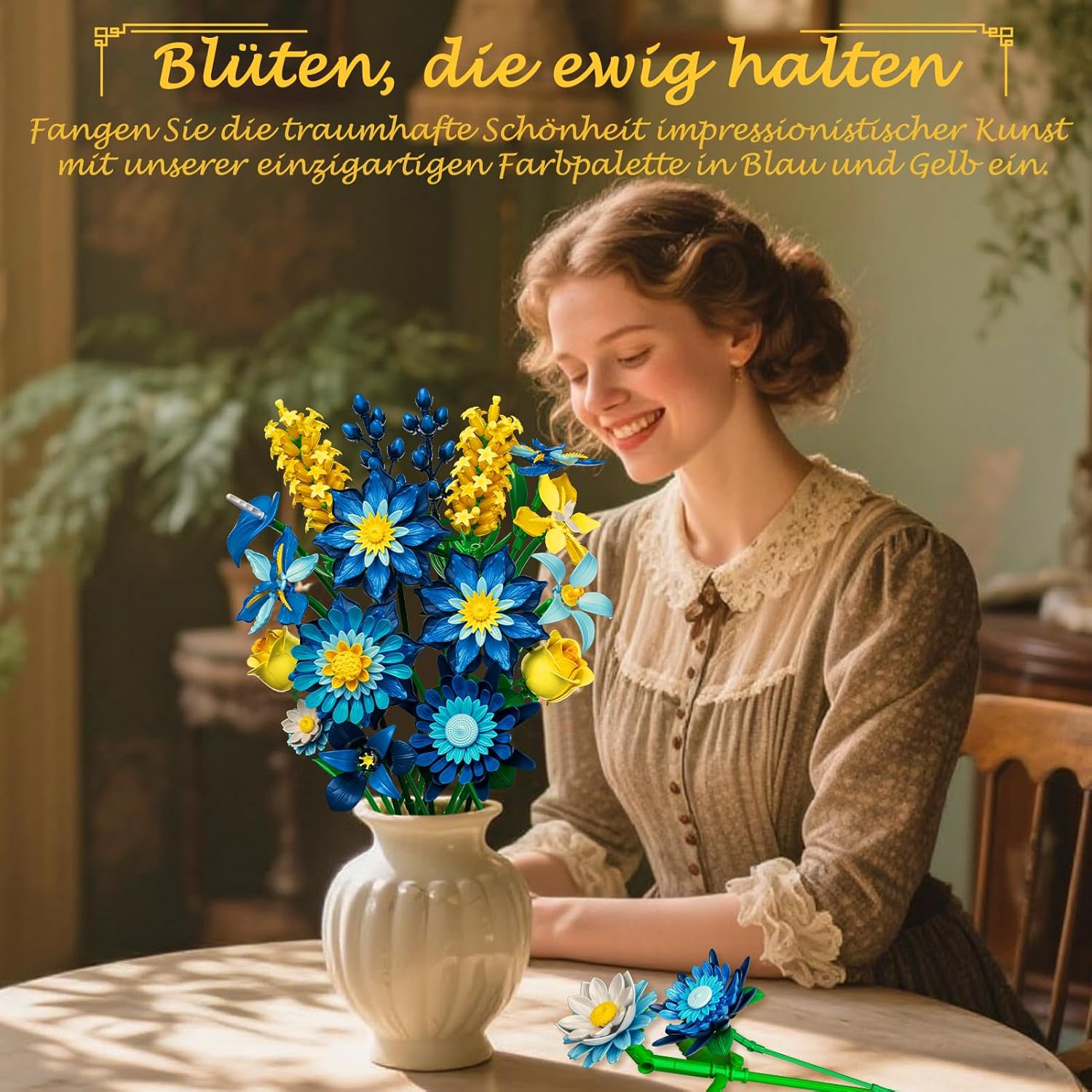 Thumbnail 3 de Rongmeiz Gänseblümchen-Blumenstrauß Bausatz – eisblaues Vintage-Blumenarrangement aus Premium-Bausteinen