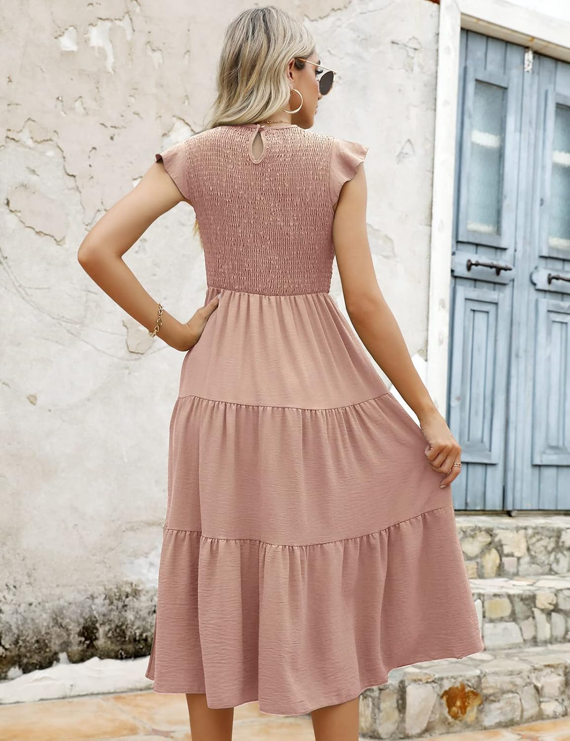 Thumbnail 2 de CMTOP vestito lungo estivo donna con scollo girocollo e maniche a volant, vita elasticizzata
