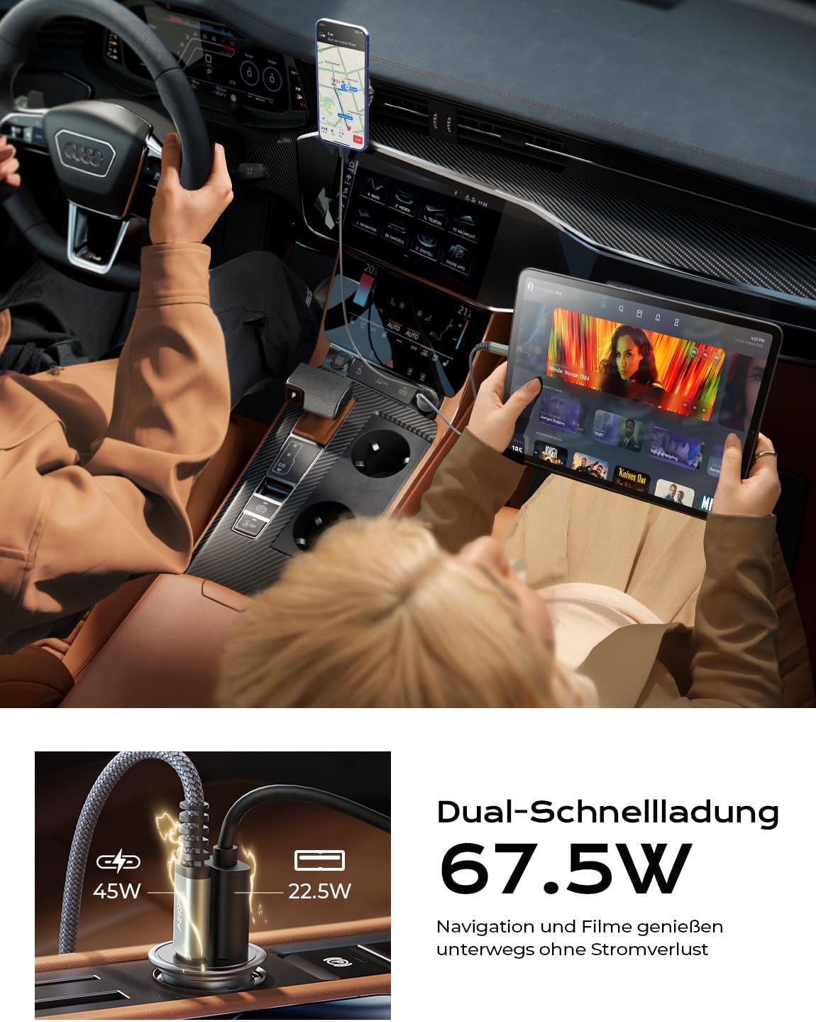 Detalle de AINOPE 67.5W Zigarettenanzünder USB-C Auto Ladegerät mit 45W PD & 22.5W QC – inkl. 60W USB-C-C Kabel
