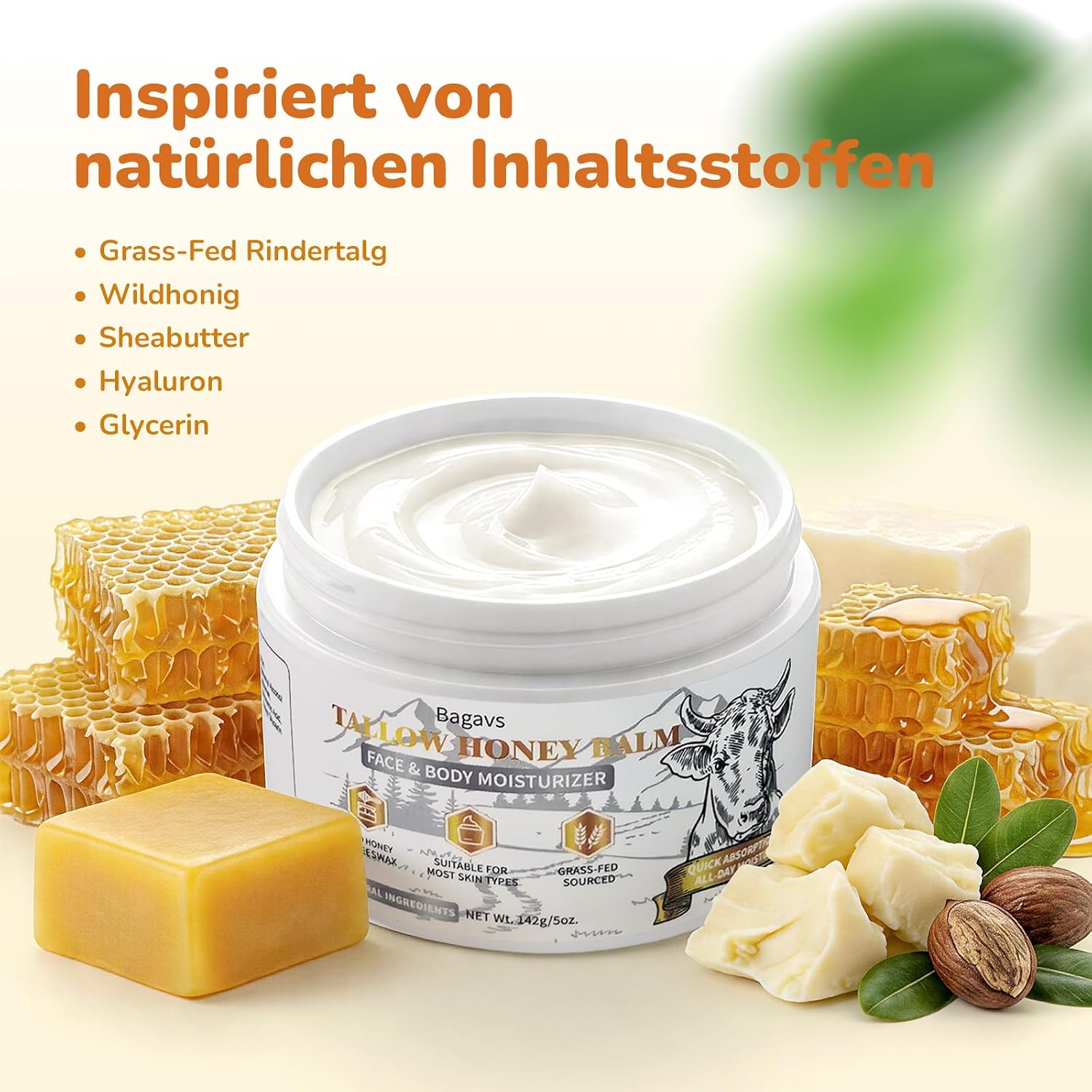Detalle 2 de Bagavs Tallow Creme mit Honig – Reichhaltige Feuchtigkeit für Gesicht & Körper (142 g)