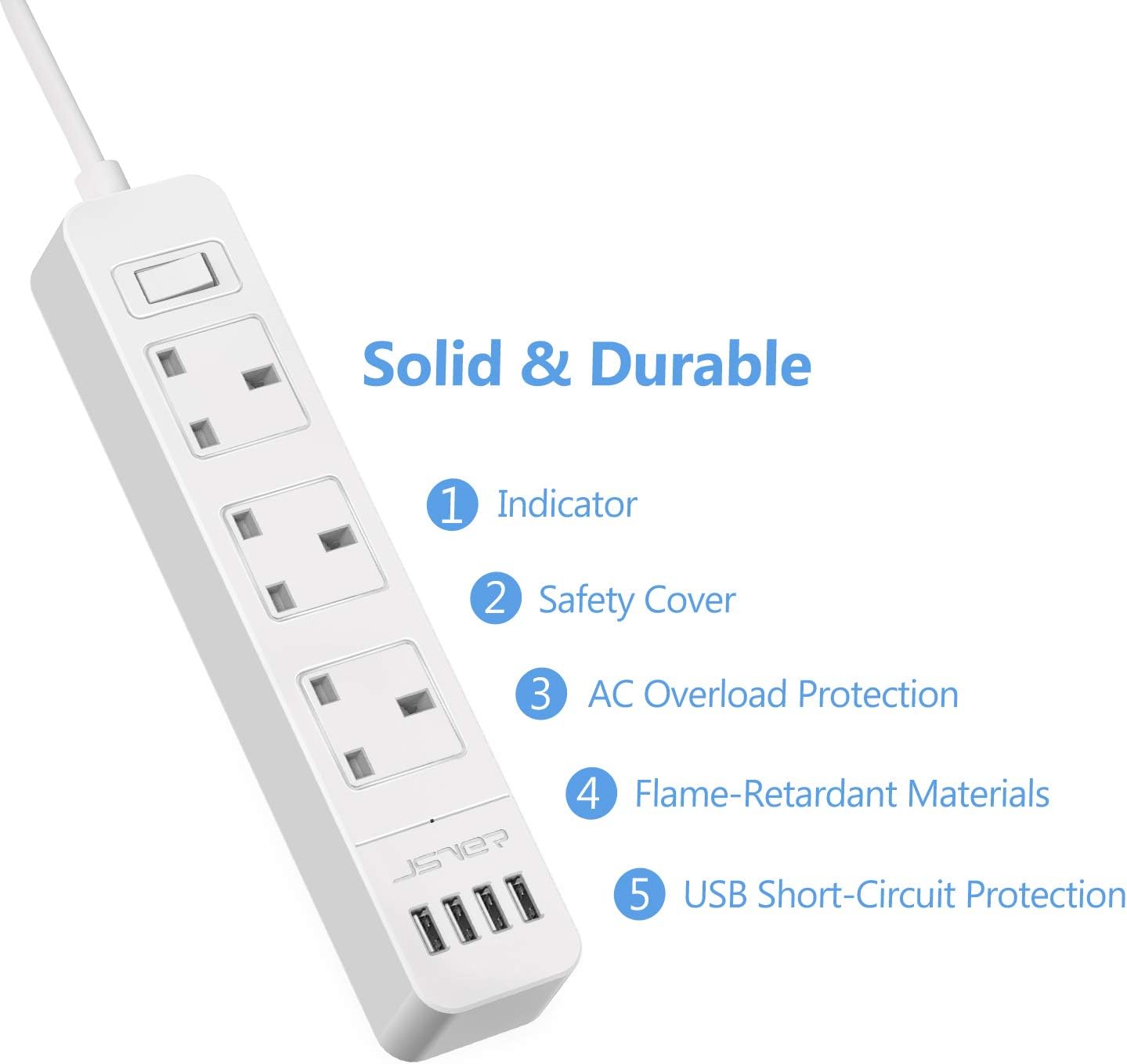 Thumbnail 4 de JSVER Extension Lead USB Power Strip (3 AC sockets, 4 USB ports) with 3m lead – 13A, White