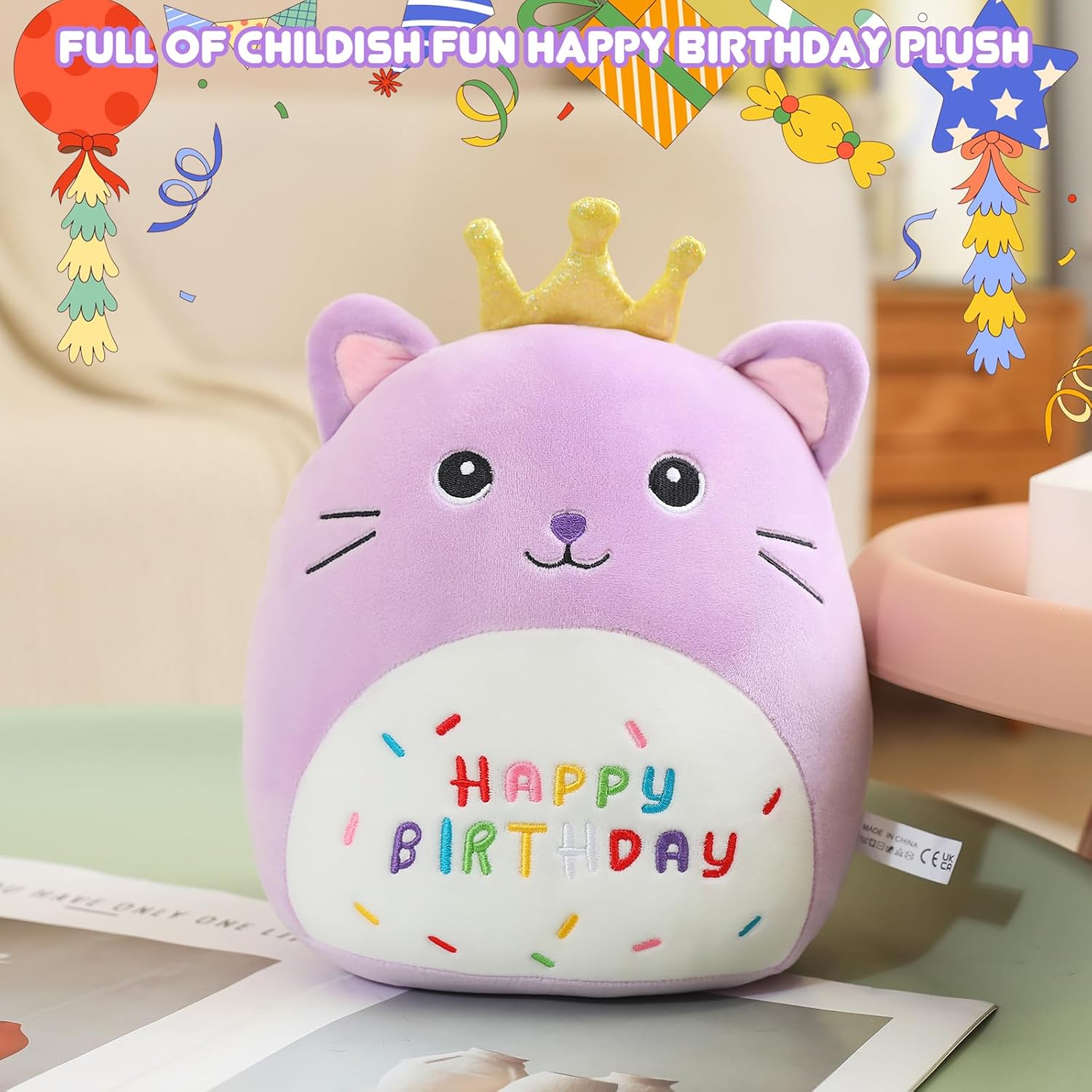 Detalle de Xfrog Cat Stuffed Animal Plush Pillow (10") – Kawaii Purple Birthday Cat with Golden Crown