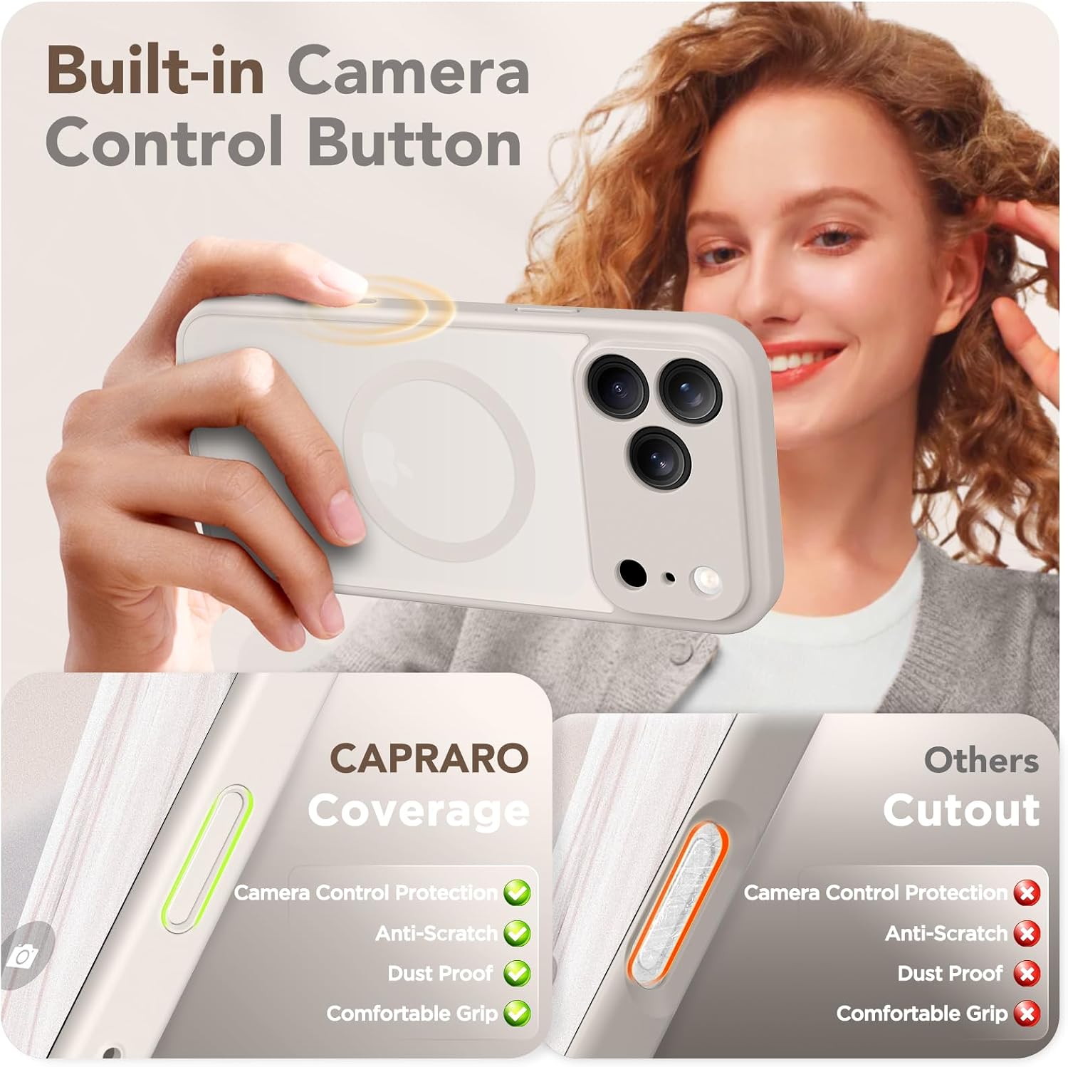 Detalle de CAPRARO JKTPK iPhone 17 Pro Max Case, MagSafe, Full Camera Protection, Stone