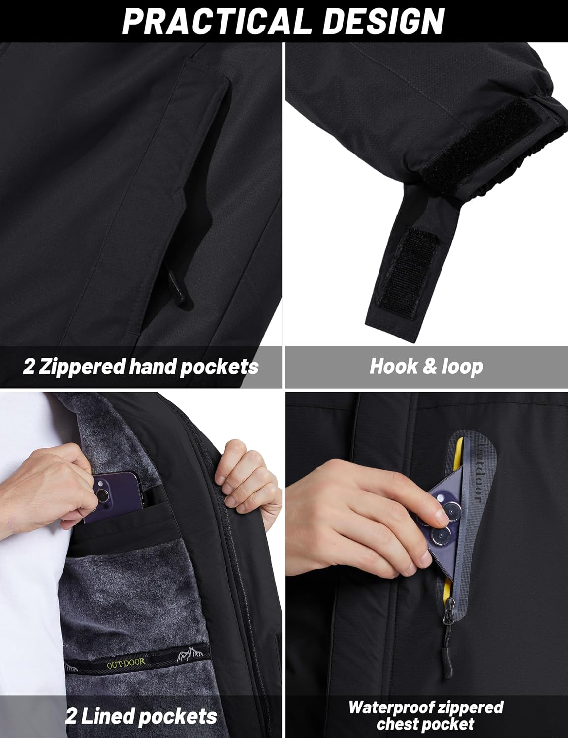 Detalle 2 de TACVASEN Men's Waterproof Fleece-Lined Winter Ski Jacket with Multi-Pocket Design