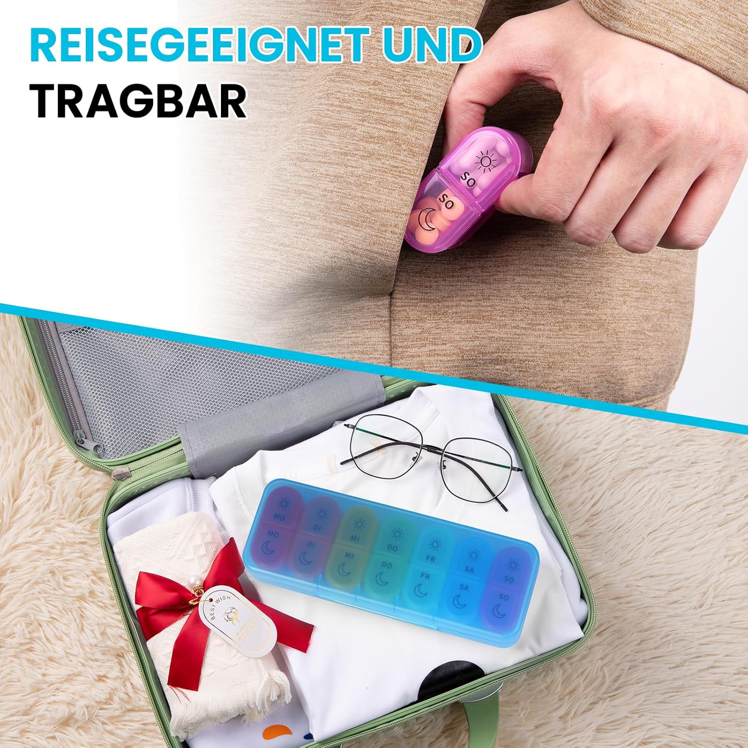 Detalle de Doruimi Tablettenbox 7 Tage – Morgens & Abends, BPA-frei, 2 Fächer pro Tag, kompakt und langlebig (Blau)