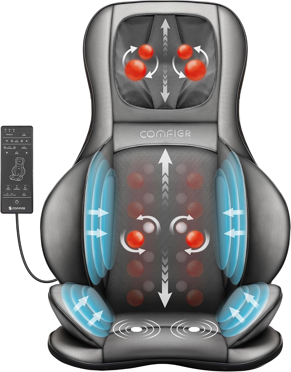 Detalle de COMFIER Shiatsu Back Massager with Heat – portable back massage chair cushion (dark grey)