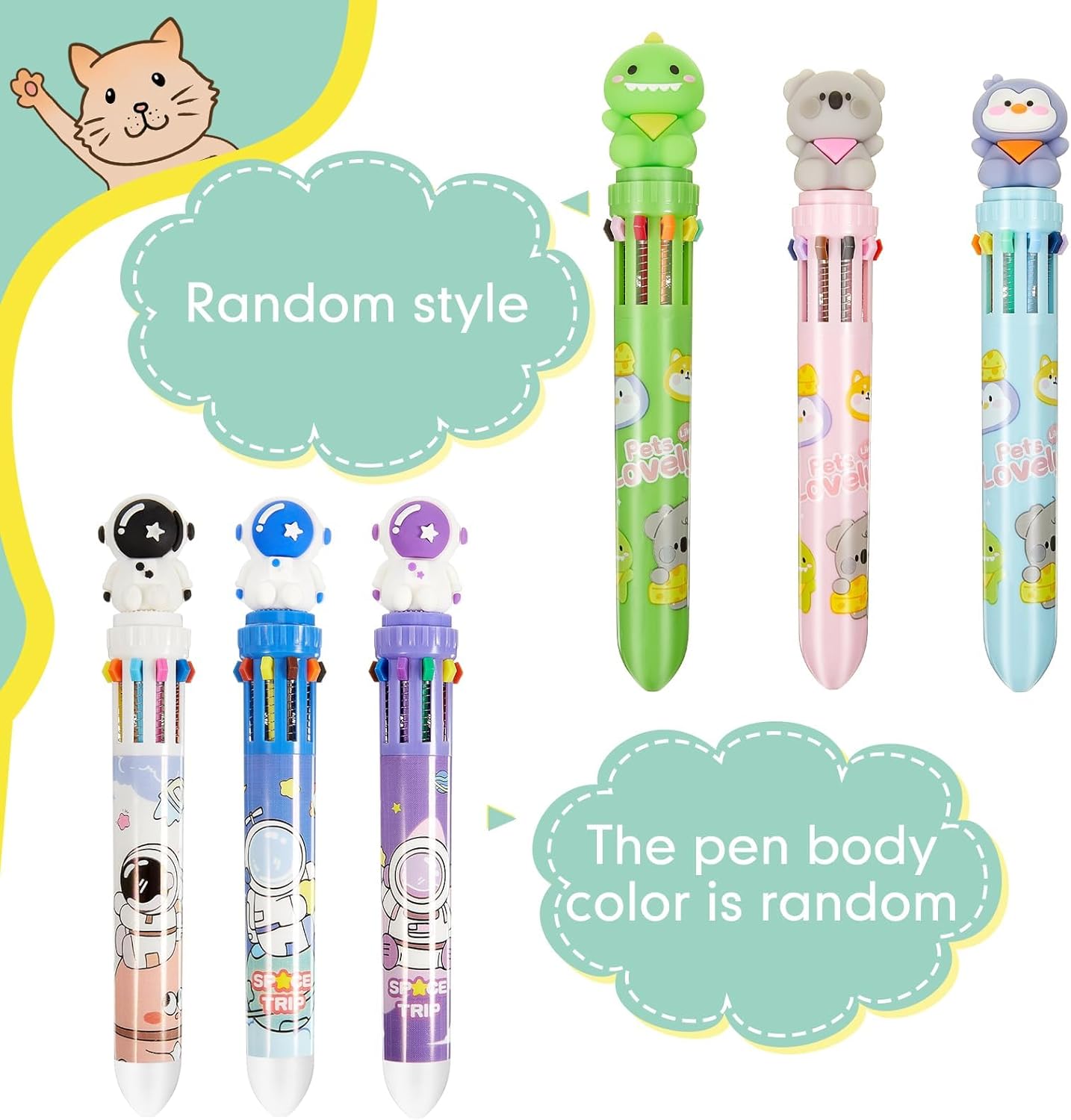 Thumbnail 6 de ALUNME 10 retractable ballpoint pens (0.5 mm) with animal designs – shuttle-style back to school gift, red