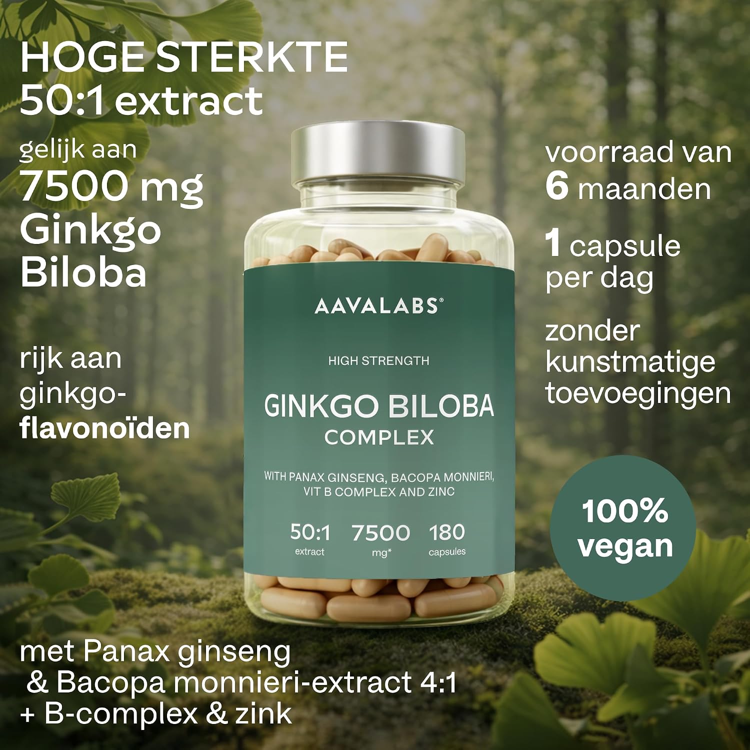 Detalle 2 de AAVALABS Ginkgo Biloba Complex, 50:1-extract, 180 veganistische capsules