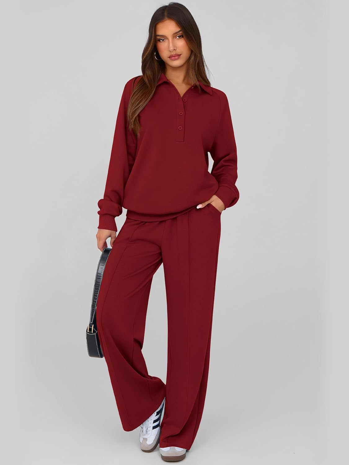 Detalle de PRETTYGARDEN Women Fall 2-Piece Sweatsuit: Quarter Button Sweatshirt and Wide-Leg Pants