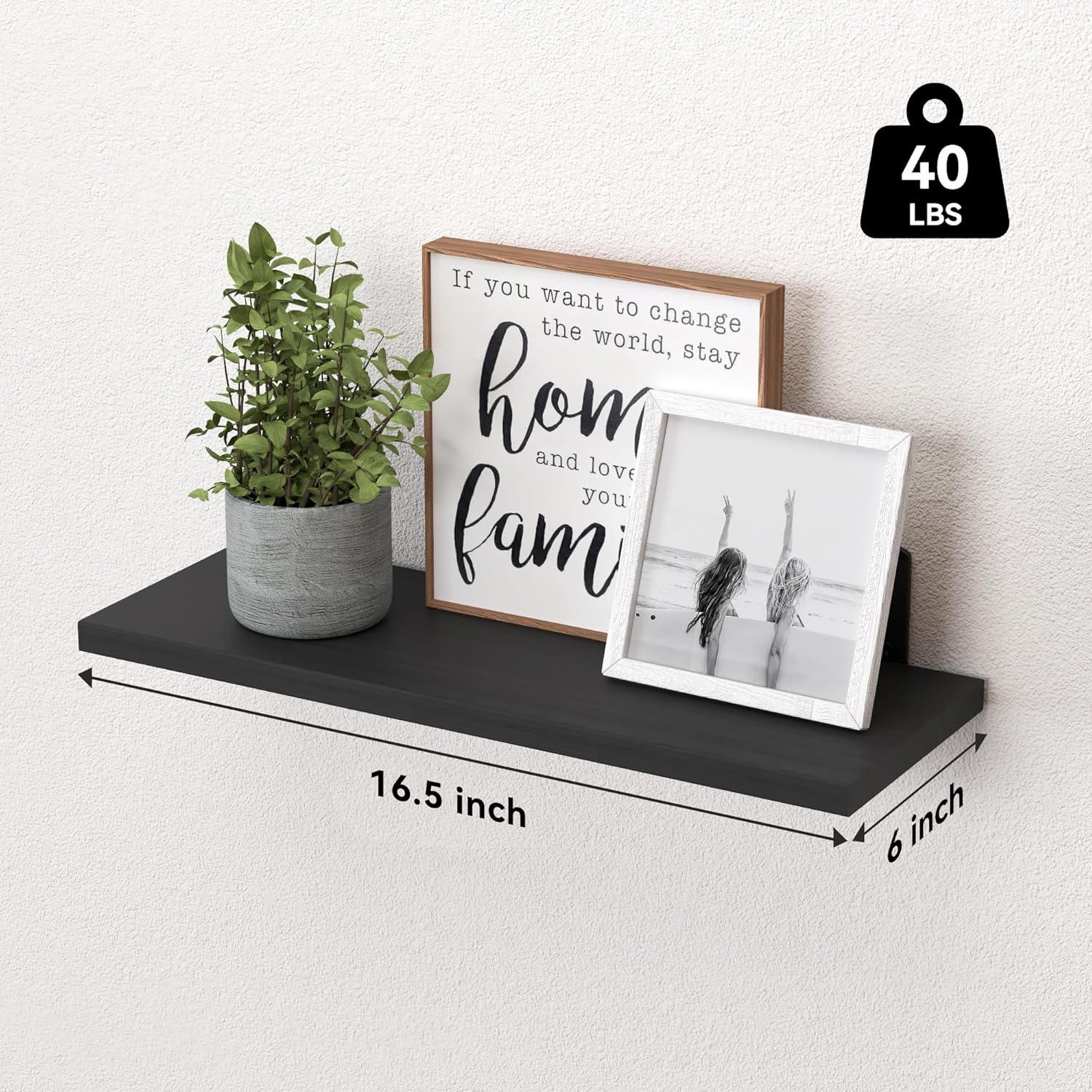 Detalle de WOPITUES Wood Floating Shelves Set of 6 — Black, 16.5 x 6 x 0.6 in, Farmhouse Wall Storage