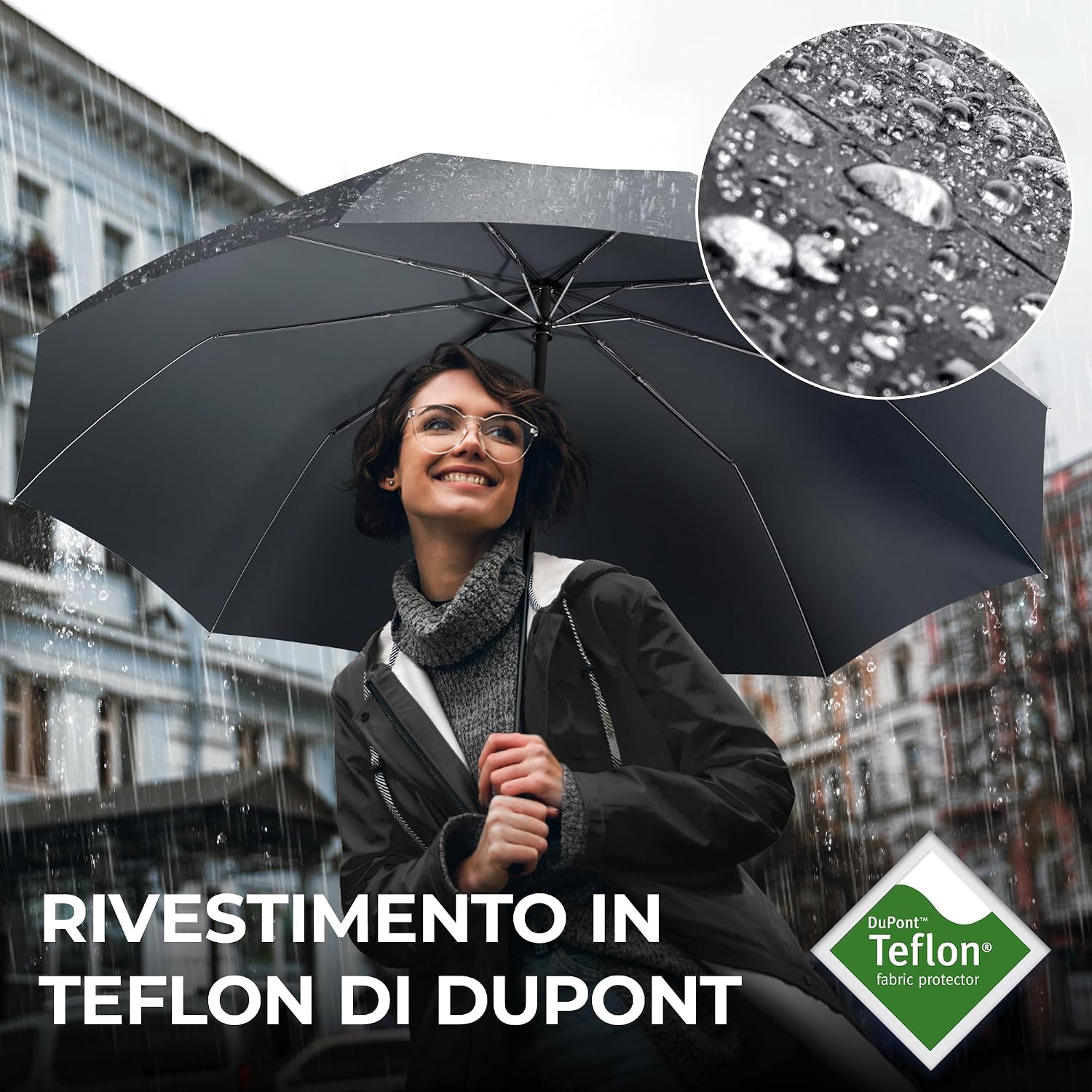 Thumbnail 3 de Ombrello pieghevole portatile antivento da borsa - Automatico, 9 stecche rinforzate in alluminio, rivestito in teflon 210T, piccolo e robusto