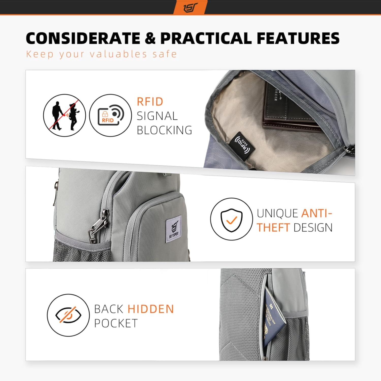 Thumbnail 2 de SKYSPER RFID Sling Bag Crossbody Sling Backpack (7L) – Travel, Hiking & Daypack
