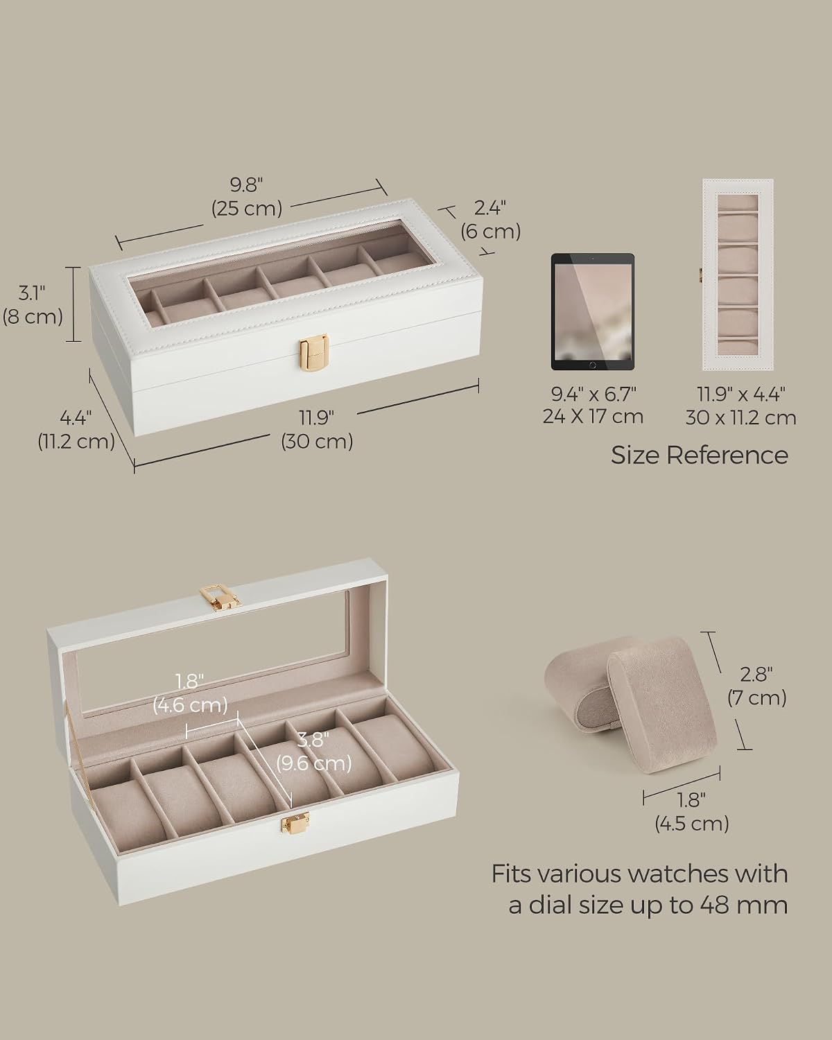 Thumbnail 6 de SONGMICS Watch Box with 6 Slots (Glass Lid) JWB006W01 in Cloud White PU