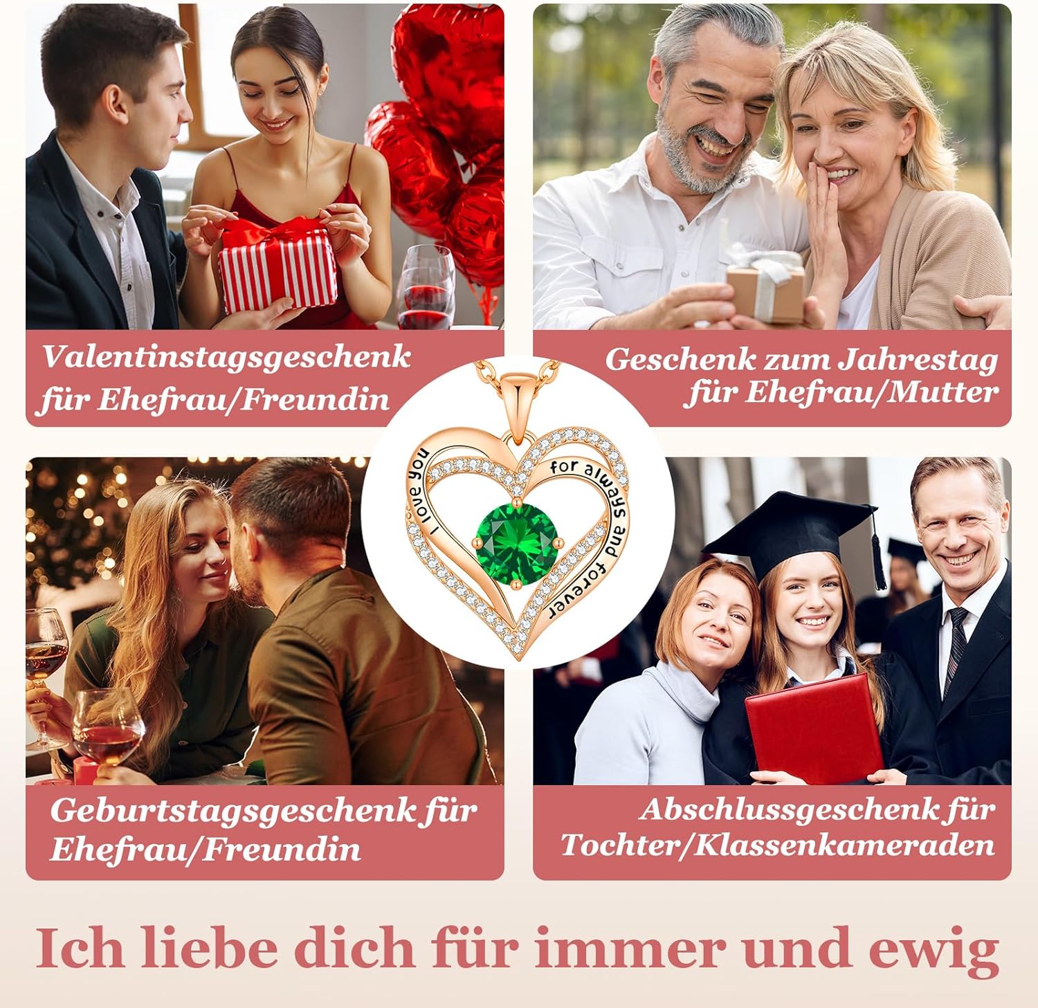 Thumbnail 5 de CDE Herz-Anhänger Halskette für Damen mit doppeltem Herz, Zirkonia und Geburtsstein-Farben