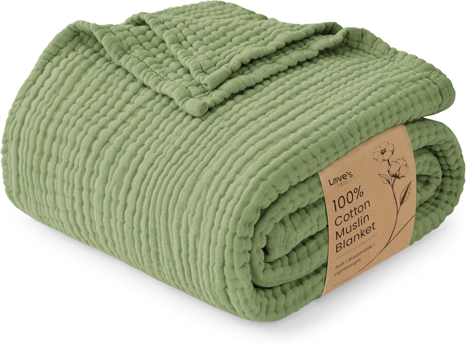 Detalle de Love's Cabin 100% Cotton Muslin Blanket (6-Layer) – Twin 60 x 80 Inches, Sage Green