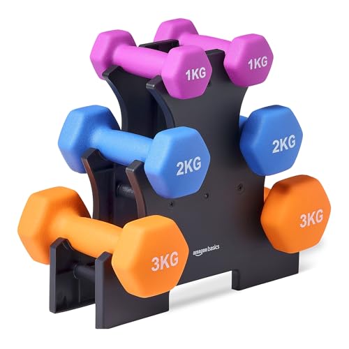 Detalle de Amazon Basics Ensemble Haltères Néoprène avec Support – 1, 2 et 3 kg (Paires)