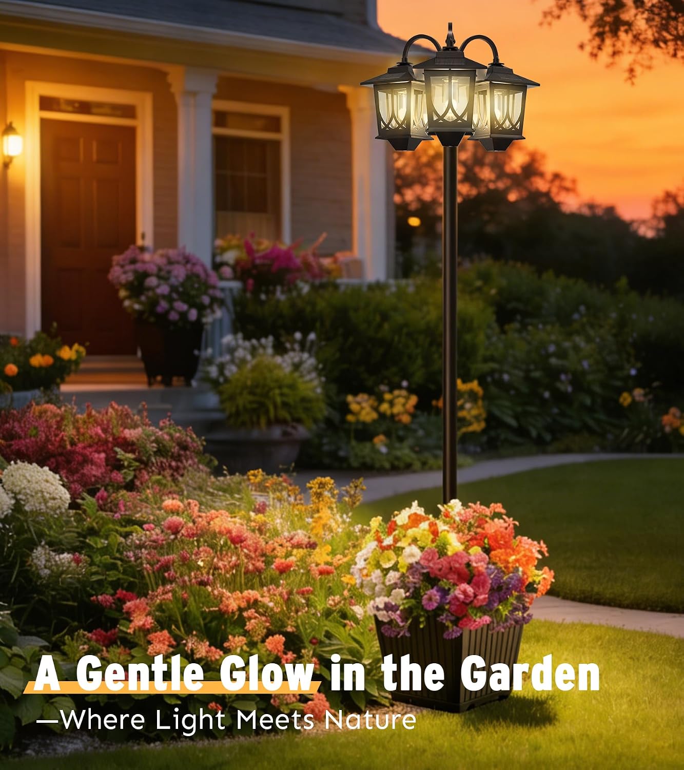 Detalle de Joyoowild 18K Solar Lamp Post with Planter, 3 Heads, 3000K Warm Light