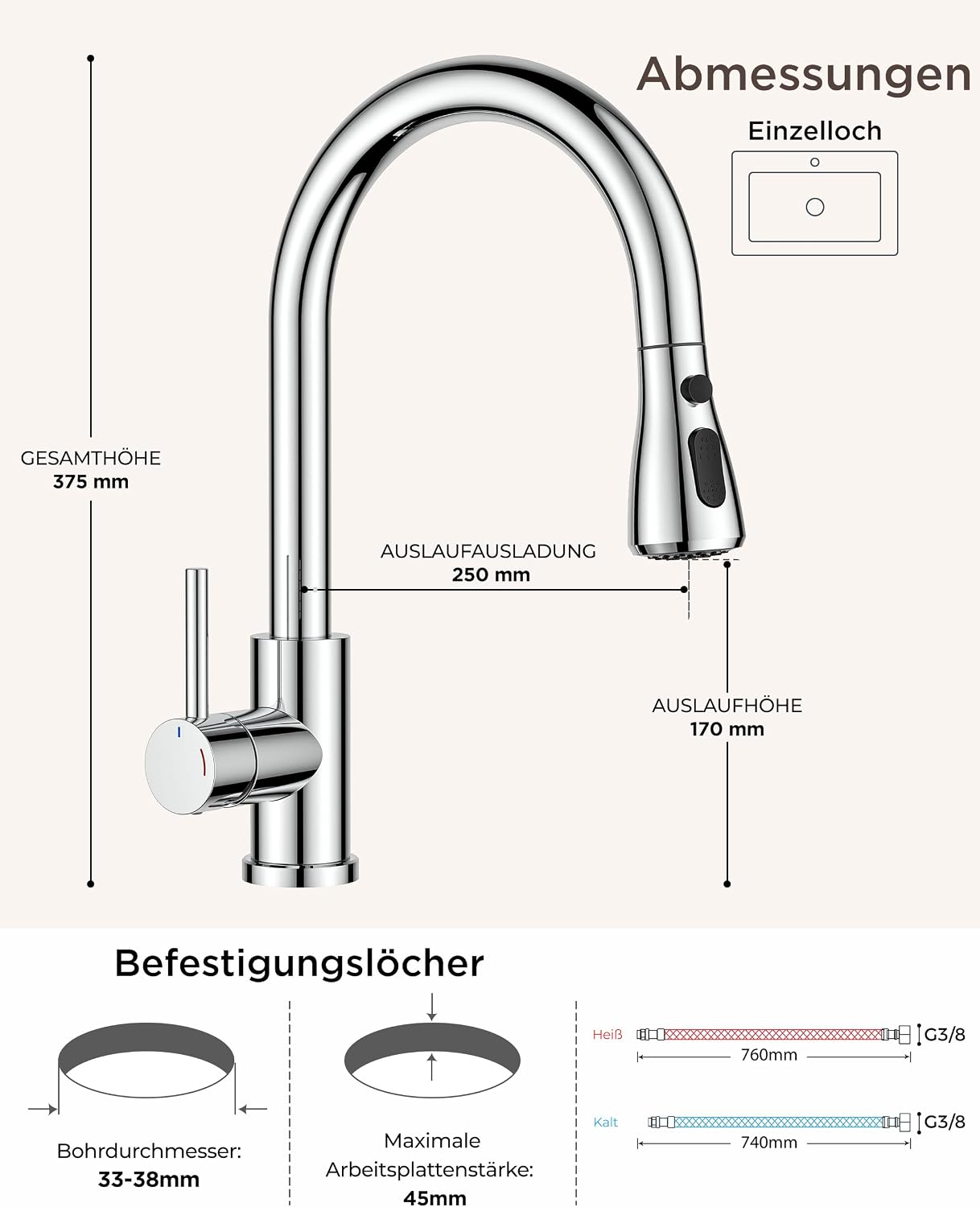 Thumbnail 2 de FORIOUS Küchenarmatur: Abziehbare Spültischarmatur mit 360° Schwung und Niederdruck