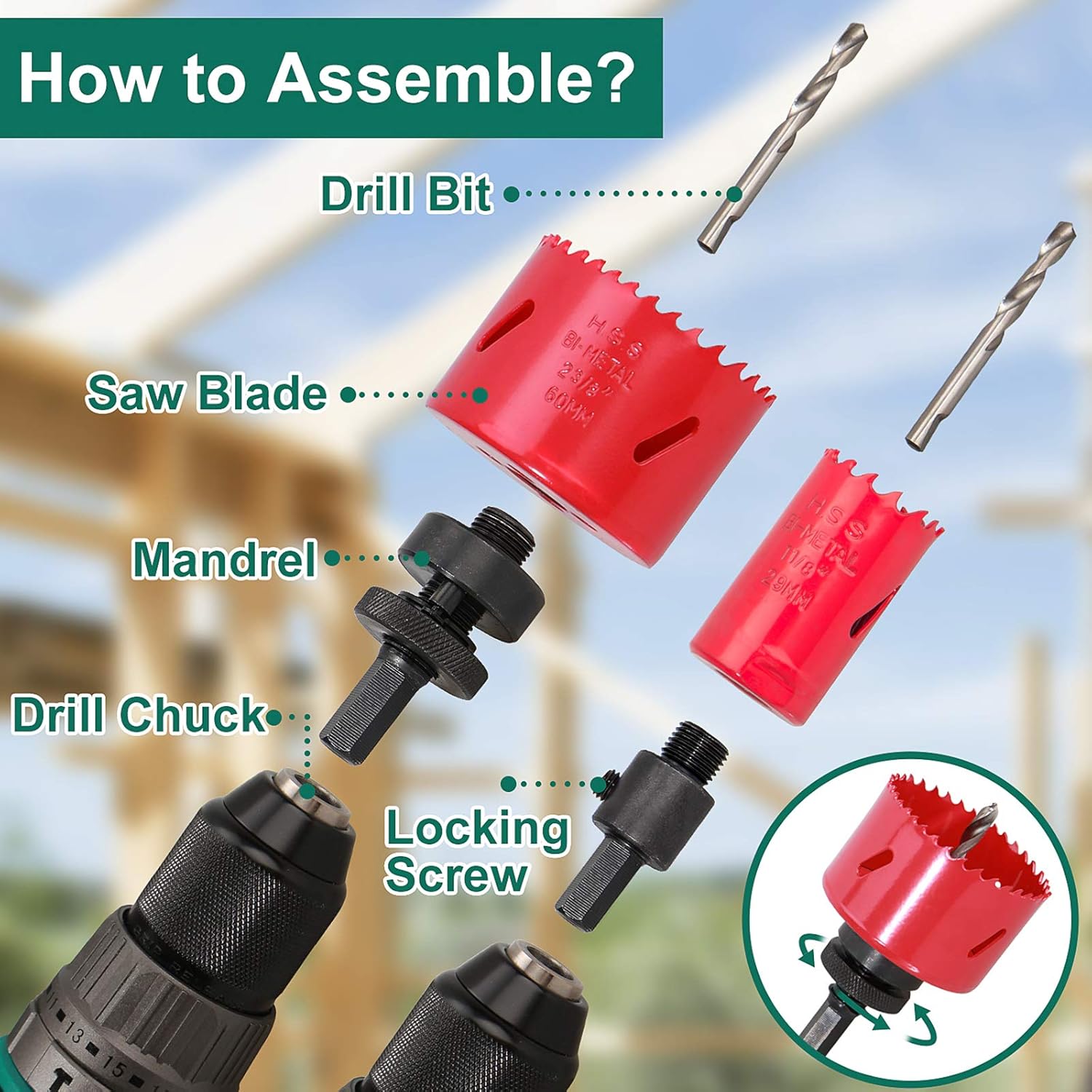 Detalle de HYCHIKA Bi-Metal Hole Saw Set (17 pcs) for drilling soft metal, wood and PVC board — 19mm to 68mm, 40mm depth