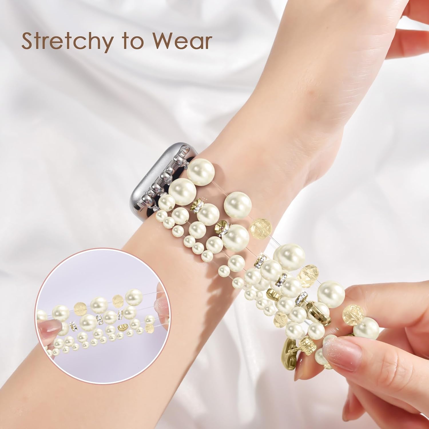 Detalle 2 de VMORO Pearl Bracelet for Apple Watch (40–46mm) – White Pearl Leather Strap for Women