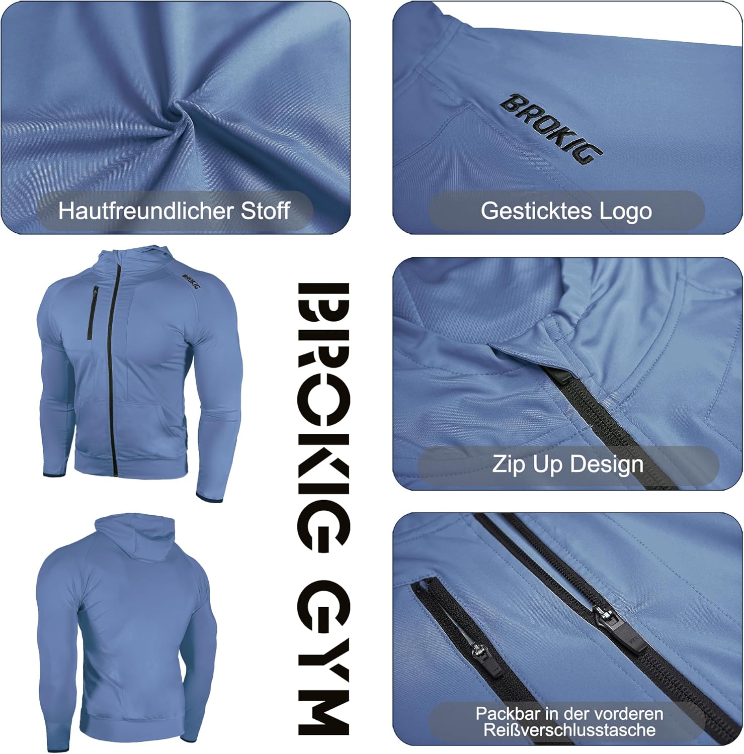 Detalle de BROKIG Leichte Hoodie Herren – schnelltrocknende Laufjacke mit Kapuze und Reißverschluss