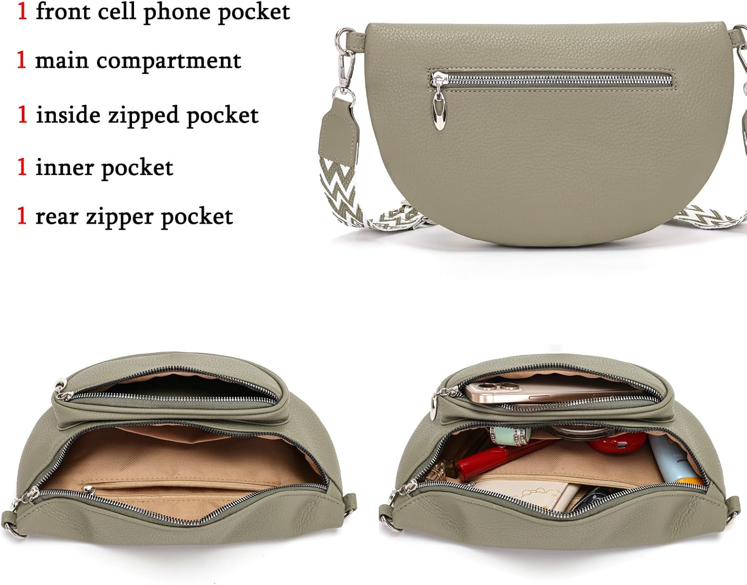 Detalle de Snmoec Bauchtasche Damen/Gürteltasche als Crossbody Bag mit Handytasche – mittelgroß, Grau/Grün