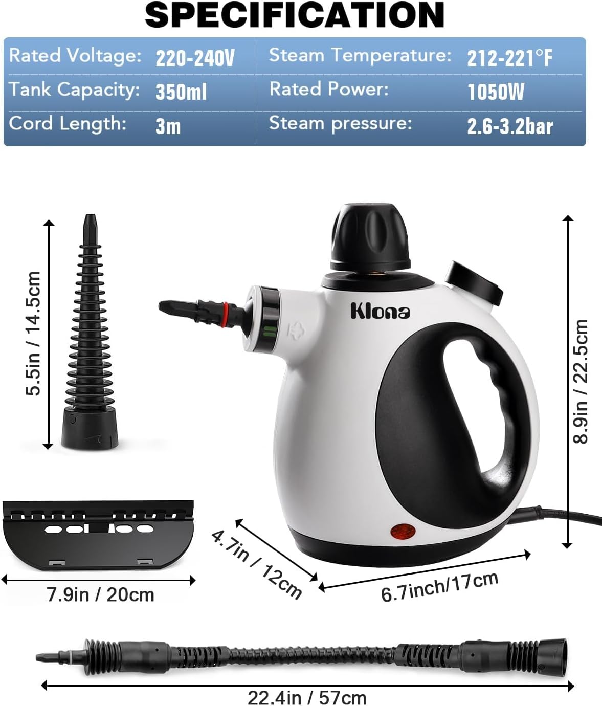 Detalle de Klona EM-307 Handheld Steam Cleaner, 3.2 bar, 1050W, 10 Accessories