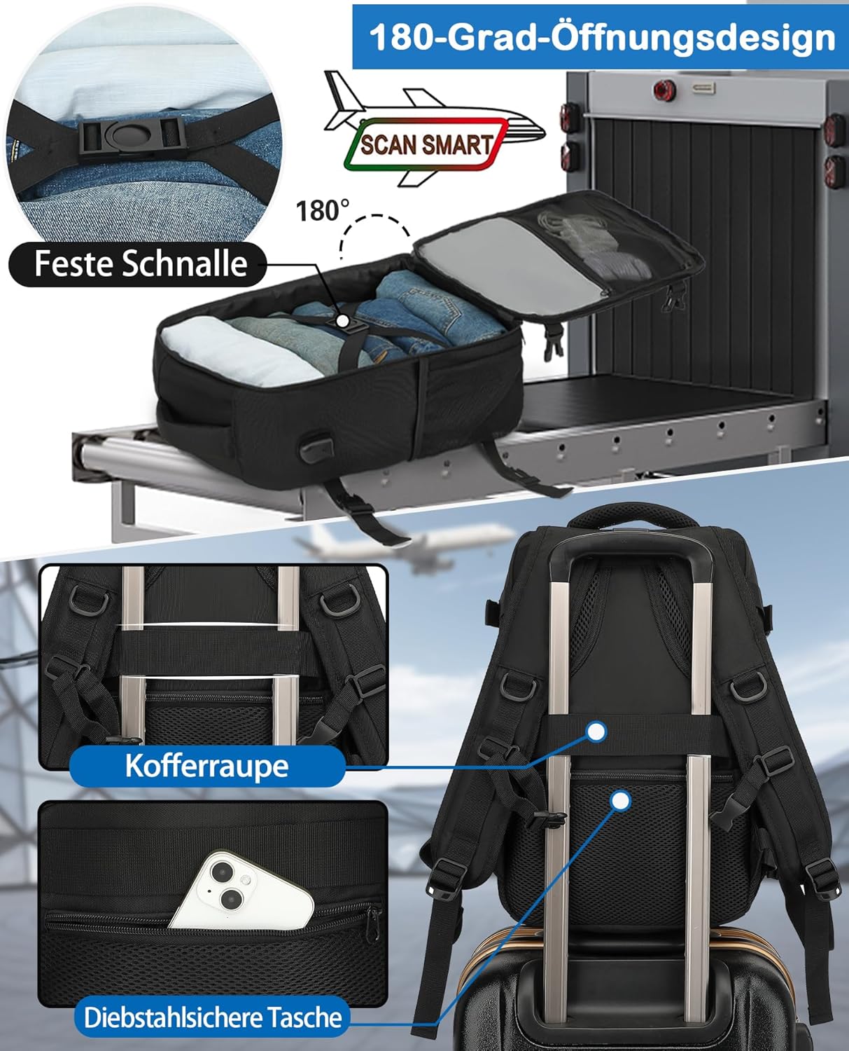 Detalle de KLOSTAIN Handgepäck-Rucksack 40 x 30 x 20 cm (24 l) für Ryanair & EasyJet, Laptop-Reise-Rucksack Schwarz