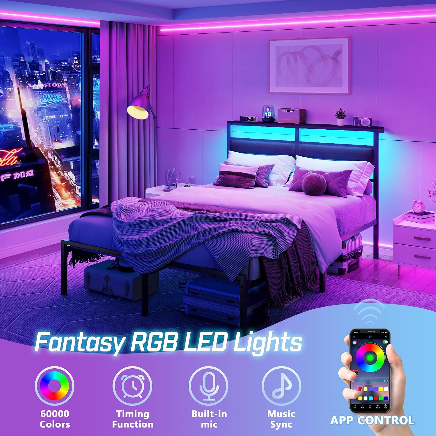Thumbnail 2 de OURPIC BF019 Full Size Platform Bed Frame with RGB LEDs, Charging & Storage