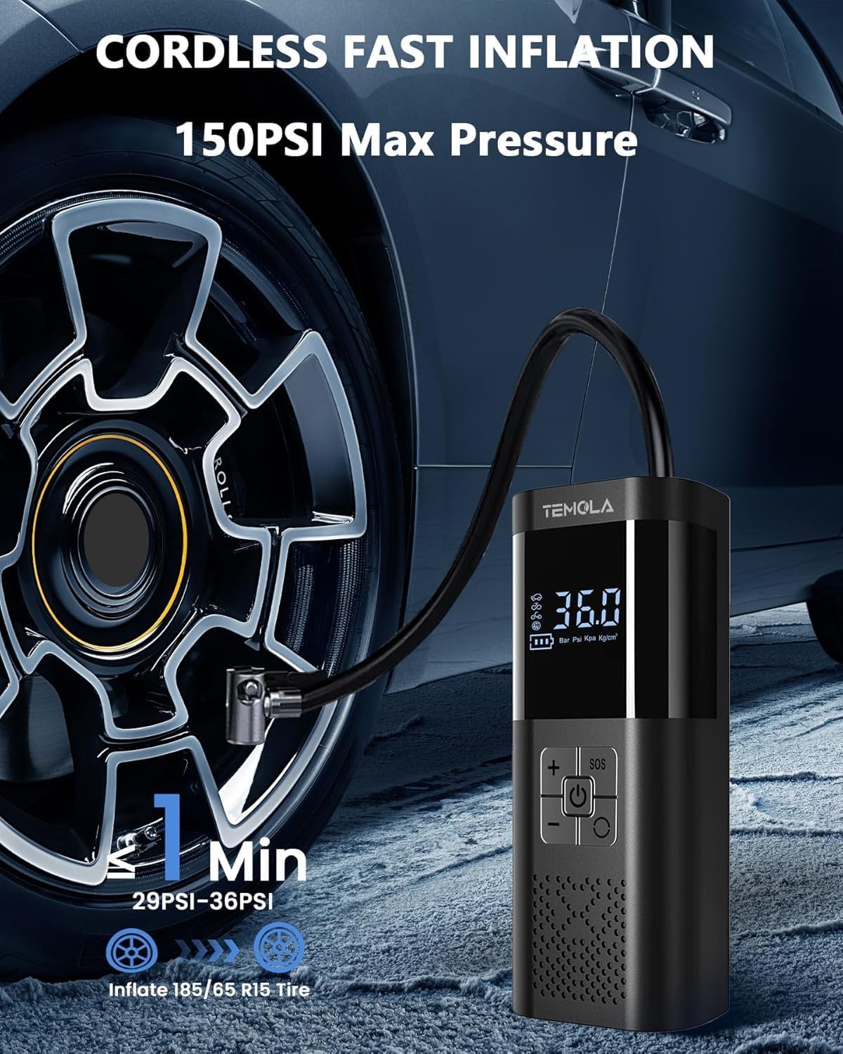 Detalle de TEMOLA TN10E Portable Tire Inflator, 150 PSI with Digital Display and LED Light