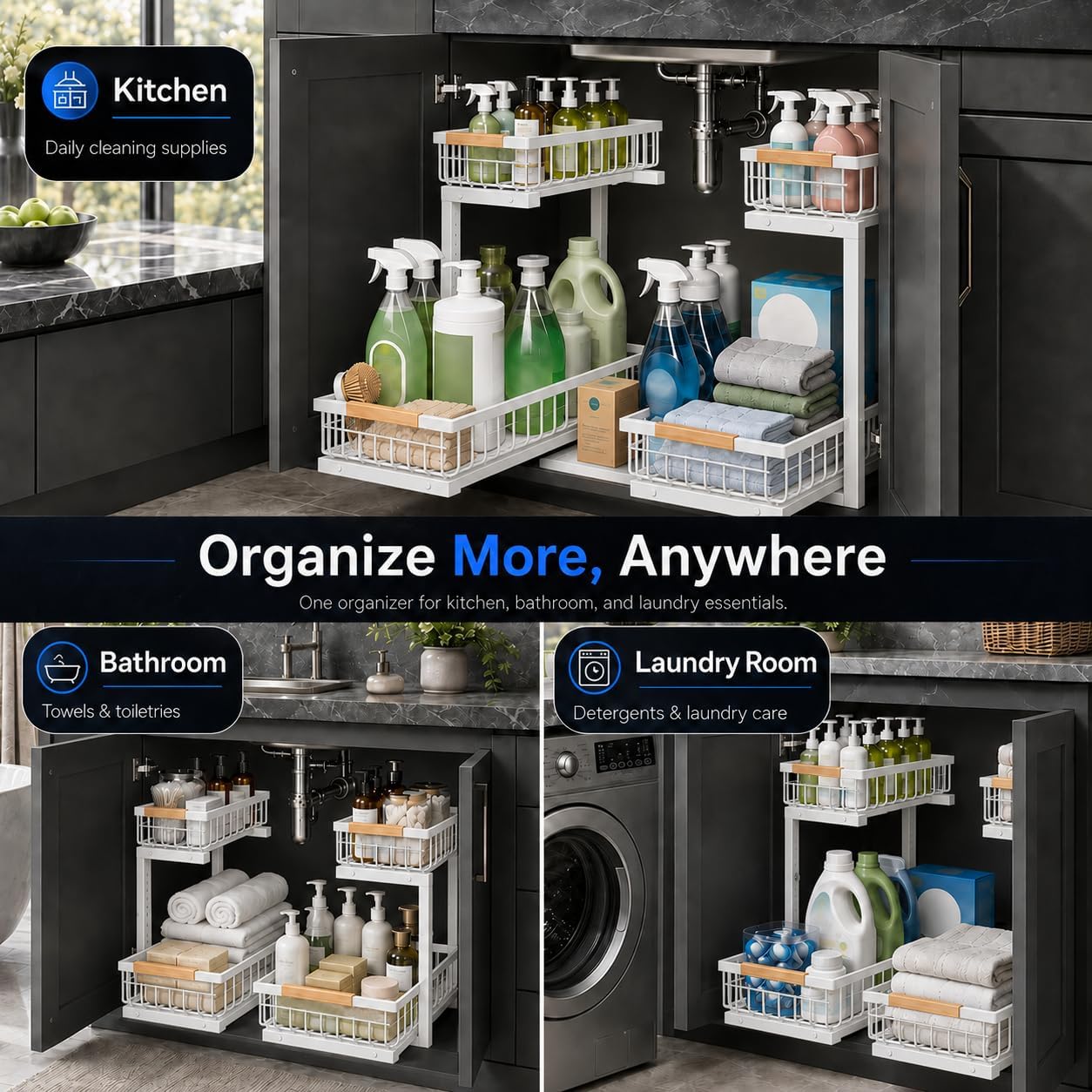 Thumbnail 3 de GeeBom Under Sink Organizer 2-Pack: 2-Tier Pull-Out Metal Shelf with Silicone Mat