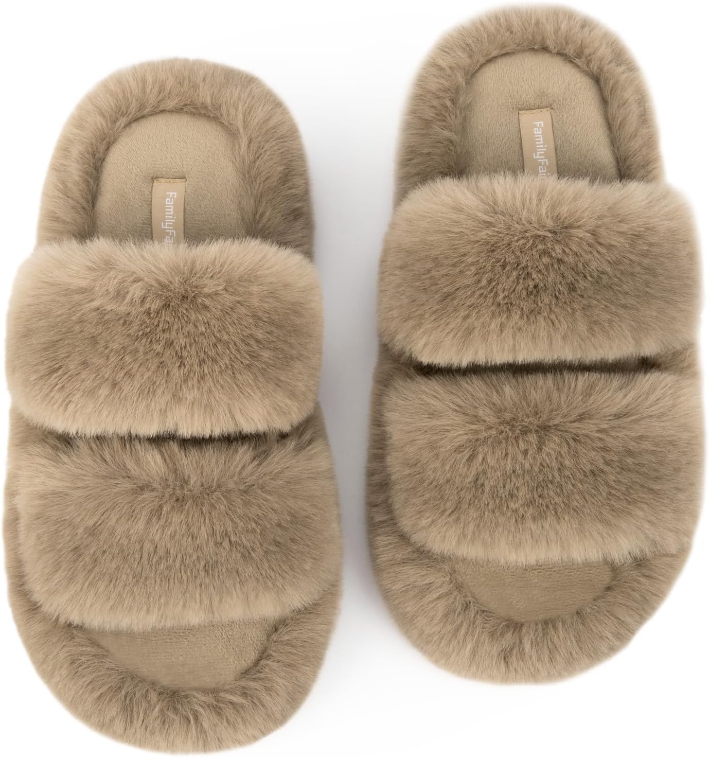 Detalle de FamilyFairy Women's Two-Band Faux-Fur Slippers, Open Toe, Memory Foam, Rubber Sole