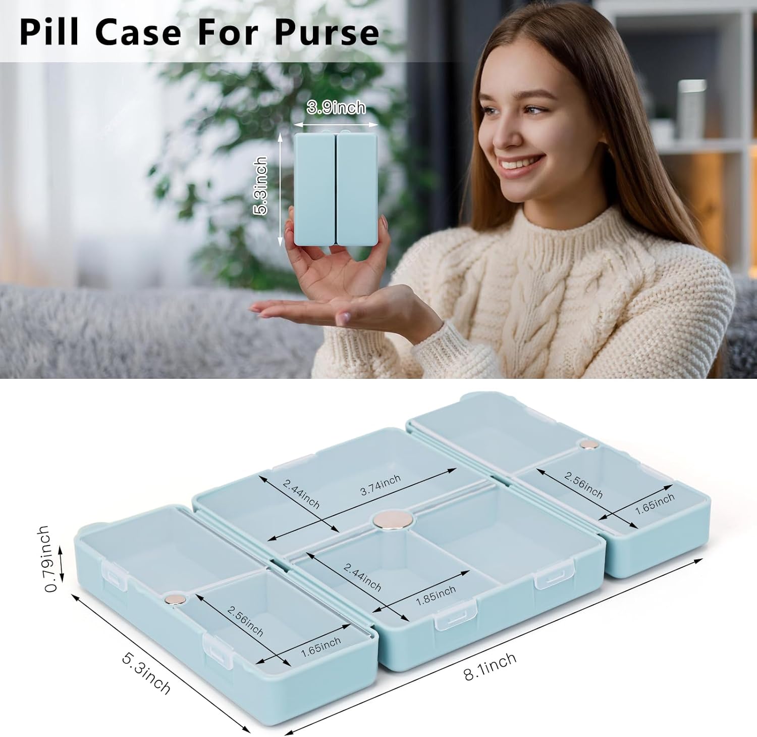 Thumbnail 6 de FYY Daily Pill Organizer, 7 Compartments – Portable Magnetic Folding Case (SkyBlue)