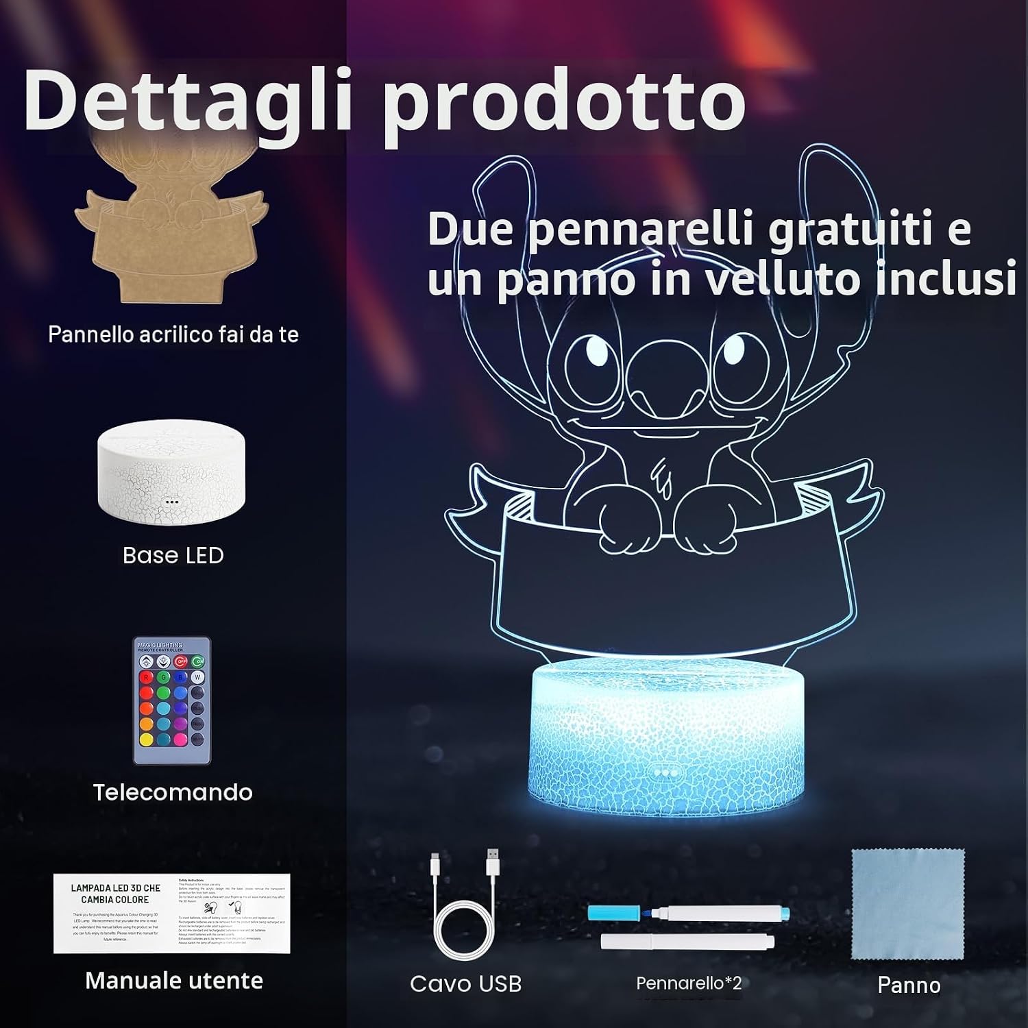 Detalle 2 de Hoofun Lampada Stitch 16 colori luce notturna