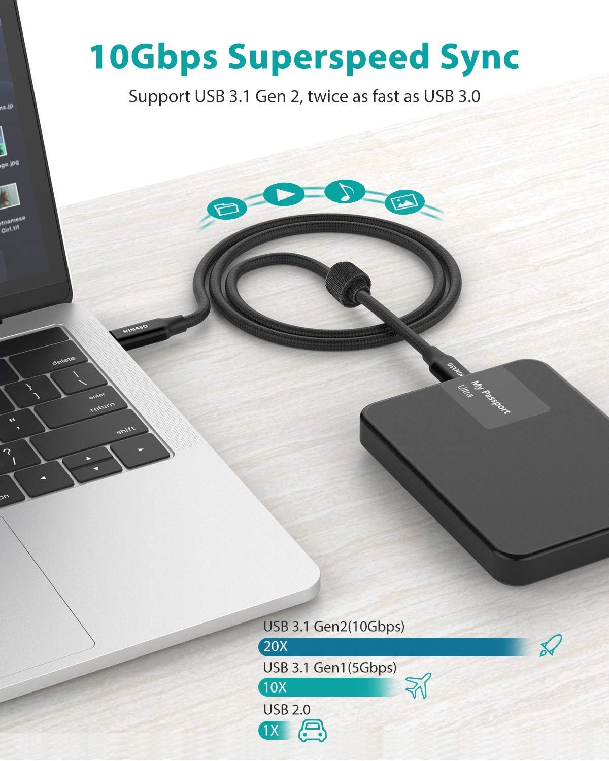 Thumbnail 2 de NIMASO USB-C 3.1 Gen 2 Cable (10Gbps) with 100W PD Fast Charging and 4K@60Hz Video Output (10FT)