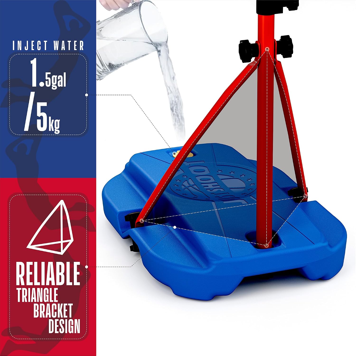 Detalle 2 de GILIKOKO Kids Basketball Hoop with Adjustable Height (3.6–6.2 ft) and Steel Triangular Base