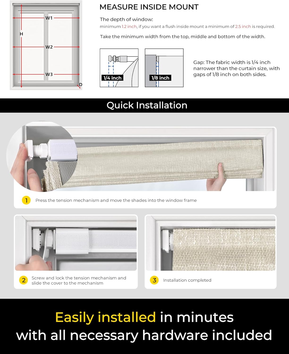 Detalle de No Tools No Drill Cordless Roman Shades (35" W × 64" H) 100% Blackout Beige for Inside-Mount Windows
