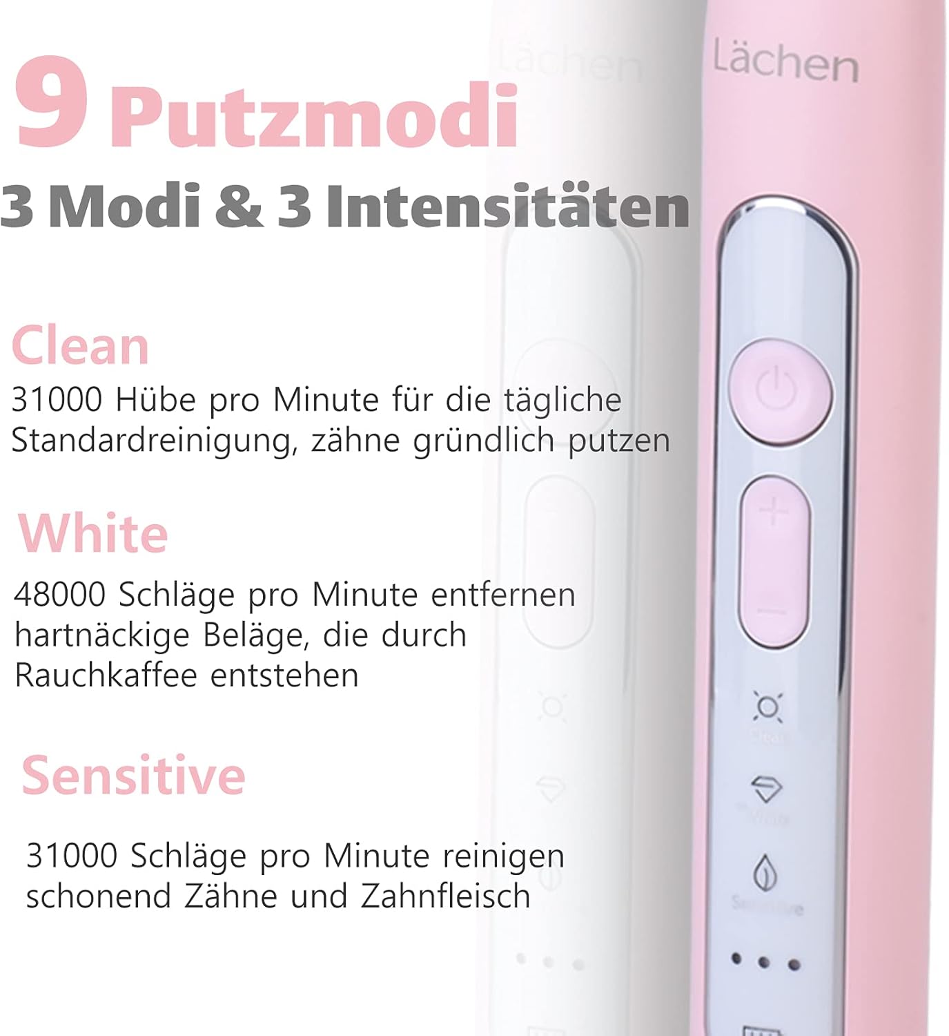 Thumbnail 2 de Lächen Sonic elektrische Zahnbürste (rosa) mit Timer, 4 Aufsteckbürsten & Reisetasche