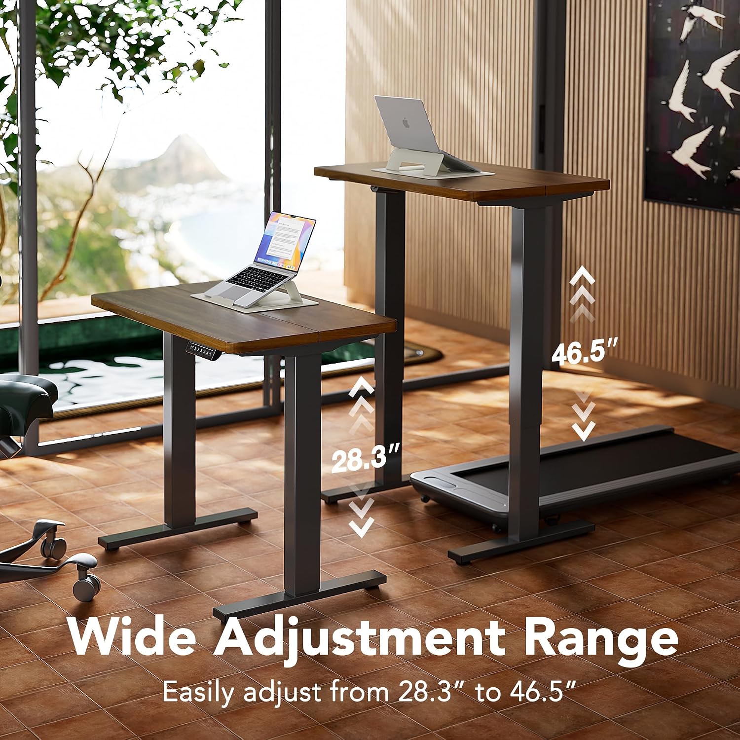 Detalle de HUANUO Electric Standing Desk, Walnut, 4 Memory Presets, 28.3–46.5-Inch Range
