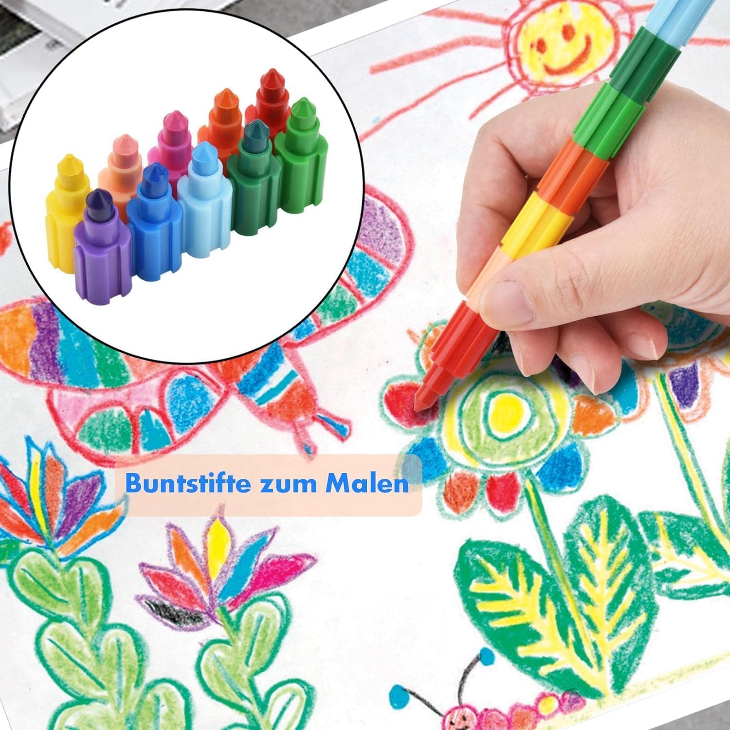 Detalle de DealKits 14 Stück stapelbare Wachsmalstifte – 10 Farben, ungiftig mit ABS-Gehäuse