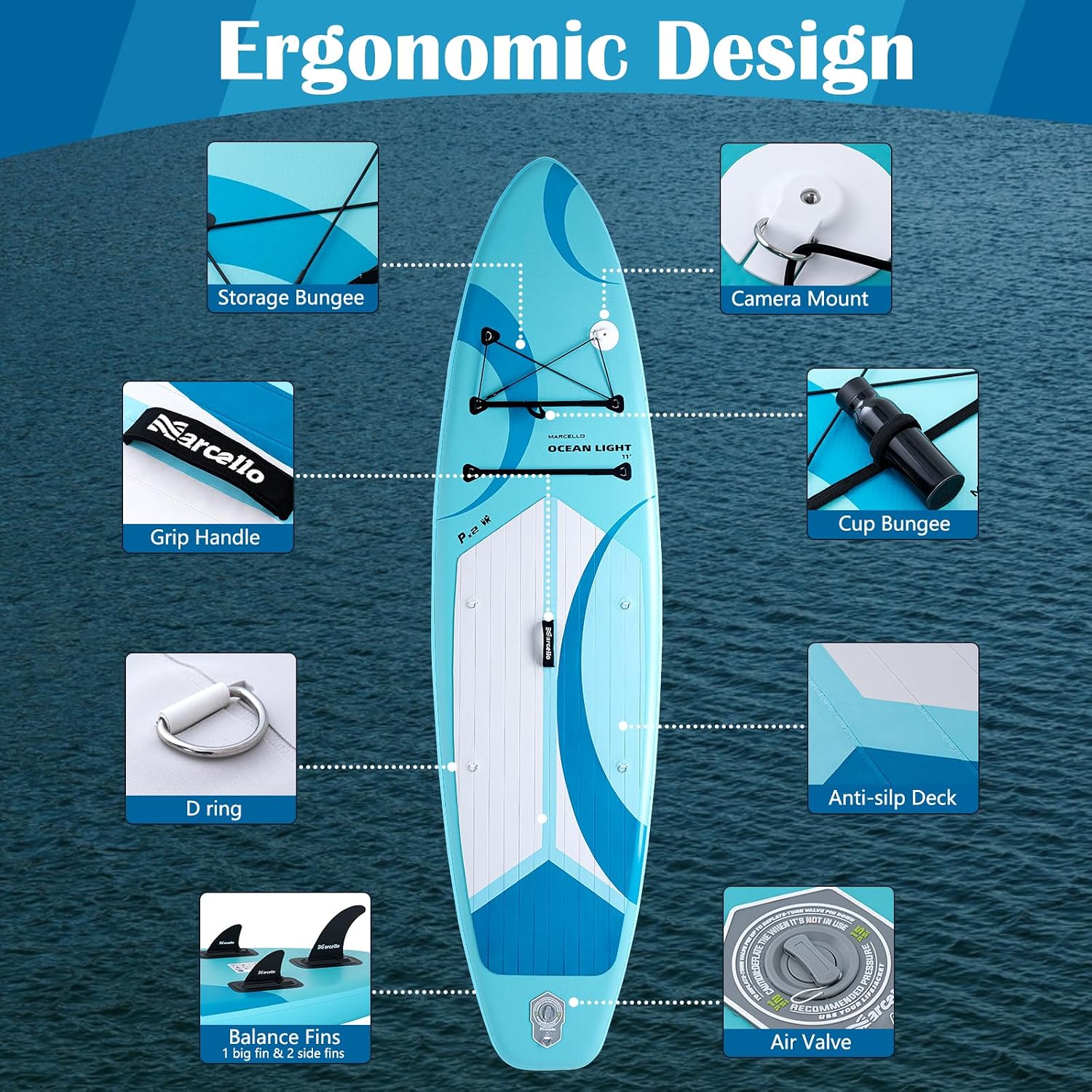 Detalle de 11’ Ultra-Wide Inflatable Paddle Board (11’ x 35” x 6”) by Amazon UK – stability for families, pets and gear