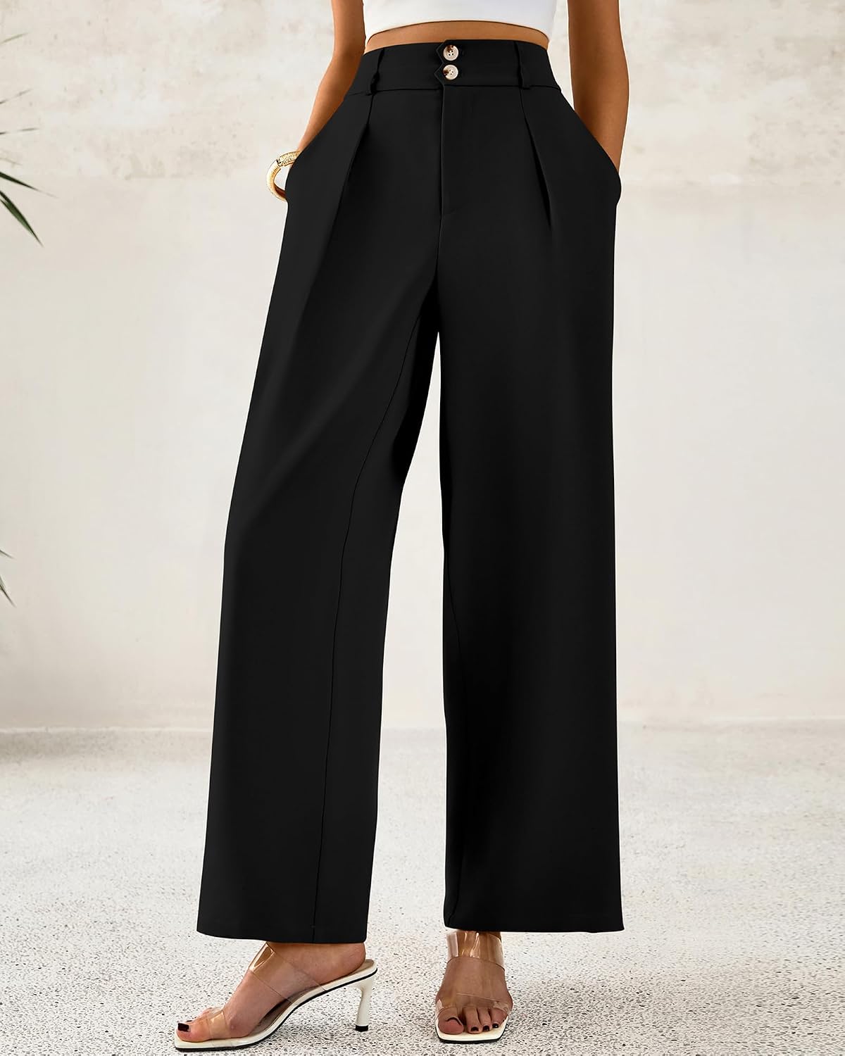 Detalle de BTFBM BT573 Wide-Leg Trousers, High-Waisted with Side Pockets and Pleats