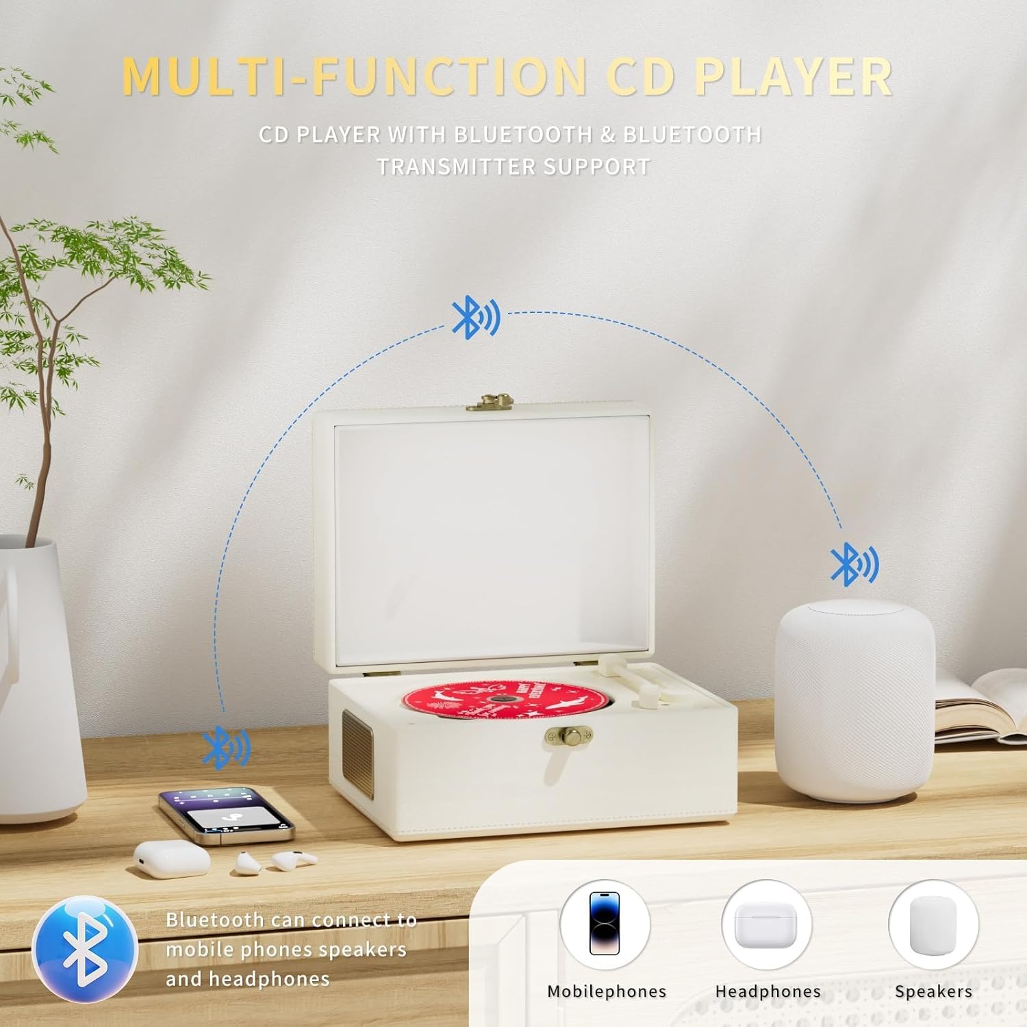 Thumbnail 3 de Yintiny Rechargeable Leather CD Player with Speakers, Bluetooth Transmitter