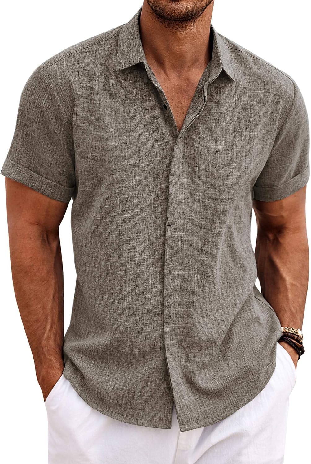 Thumbnail 6 de COOFANDY Men's Linen Shirt Short Sleeve – Light Green, XL