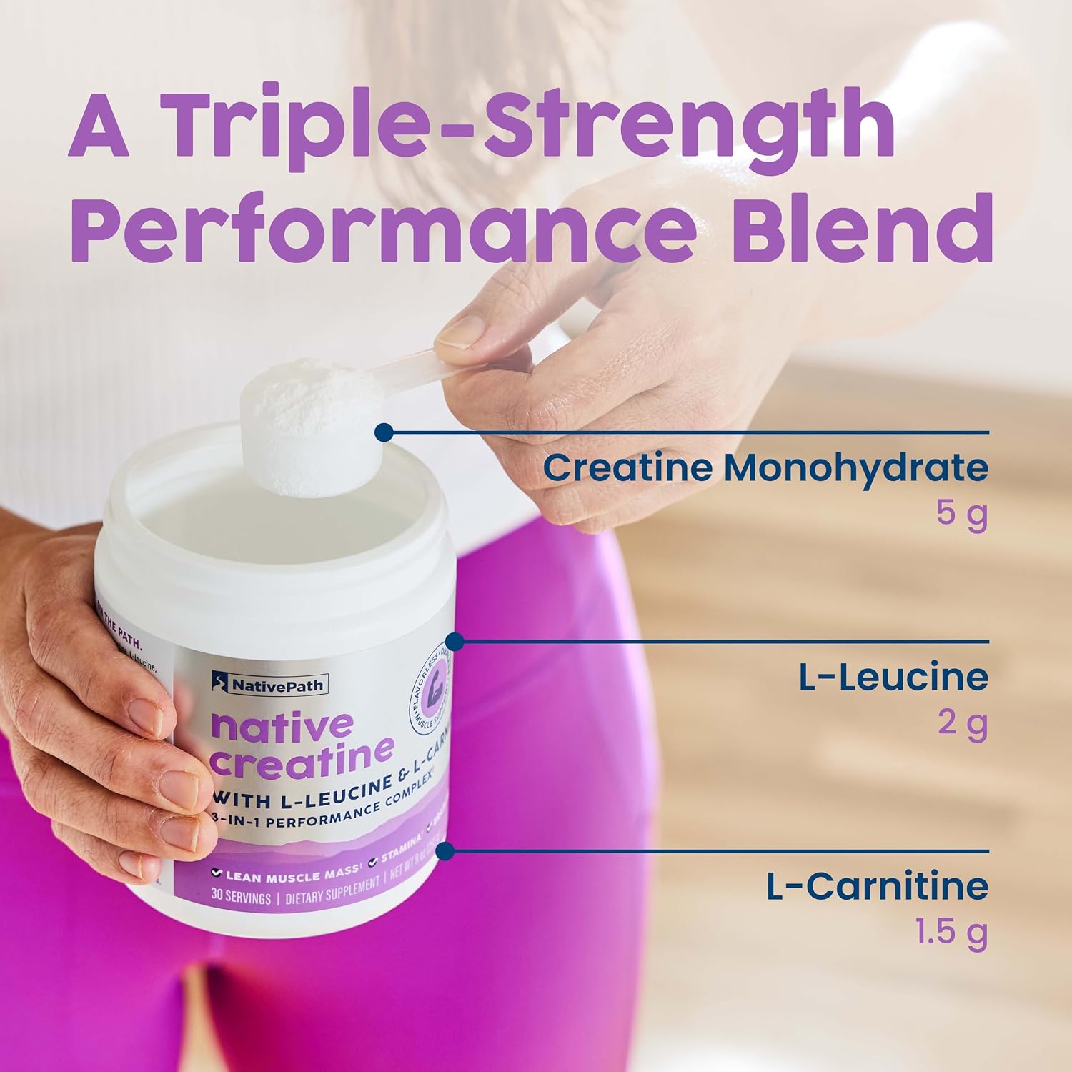 Detalle 2 de NativePath Creatine Monohydrate Powder, 30 Servings with L-Leucine and L-Carnitine
