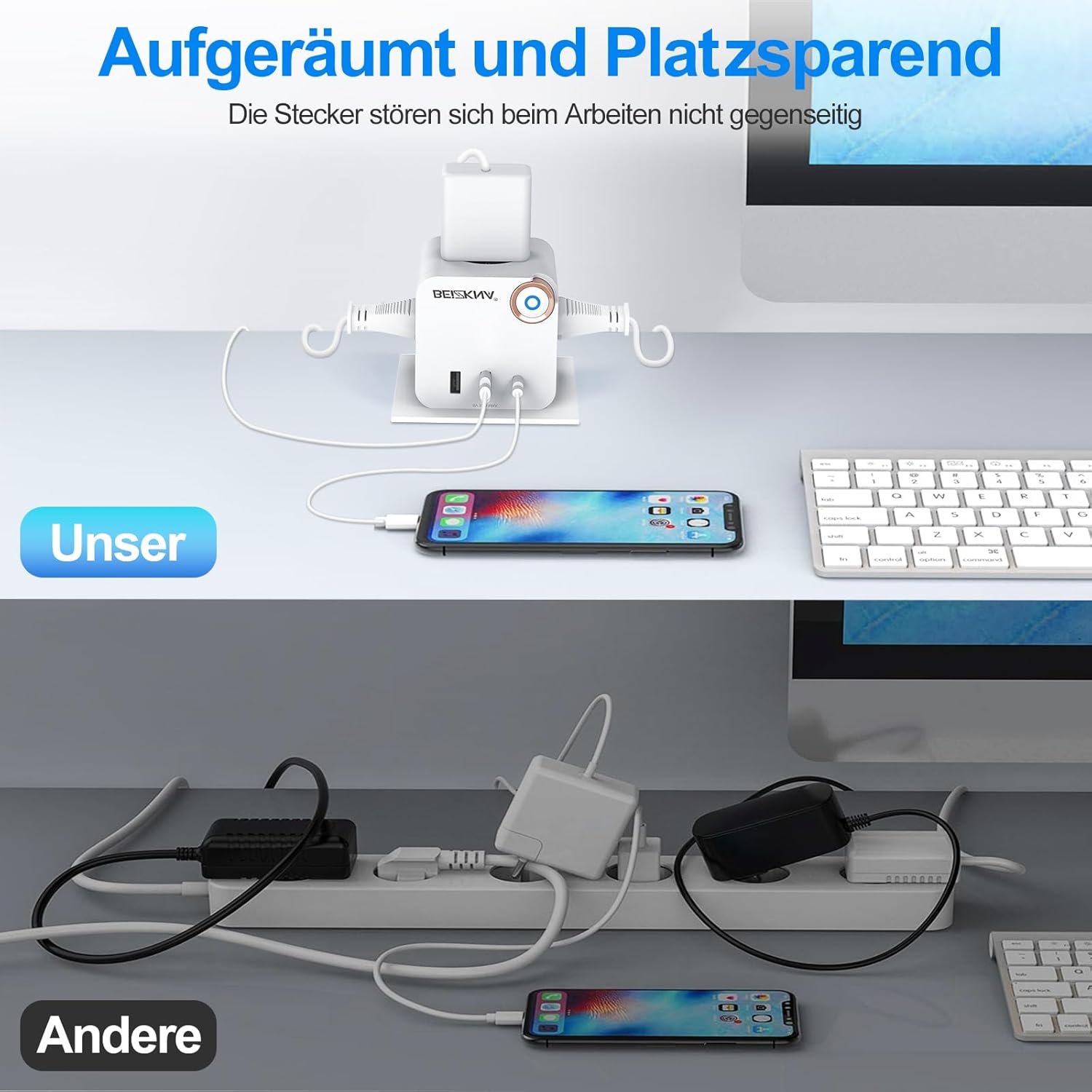 Thumbnail 5 de Beizkna Steckdosenwürfel ohne Kabel – 3-fach Mehrfachsteckdose mit USB‑C, 6‑in‑1 Würfeladapter (weiß)