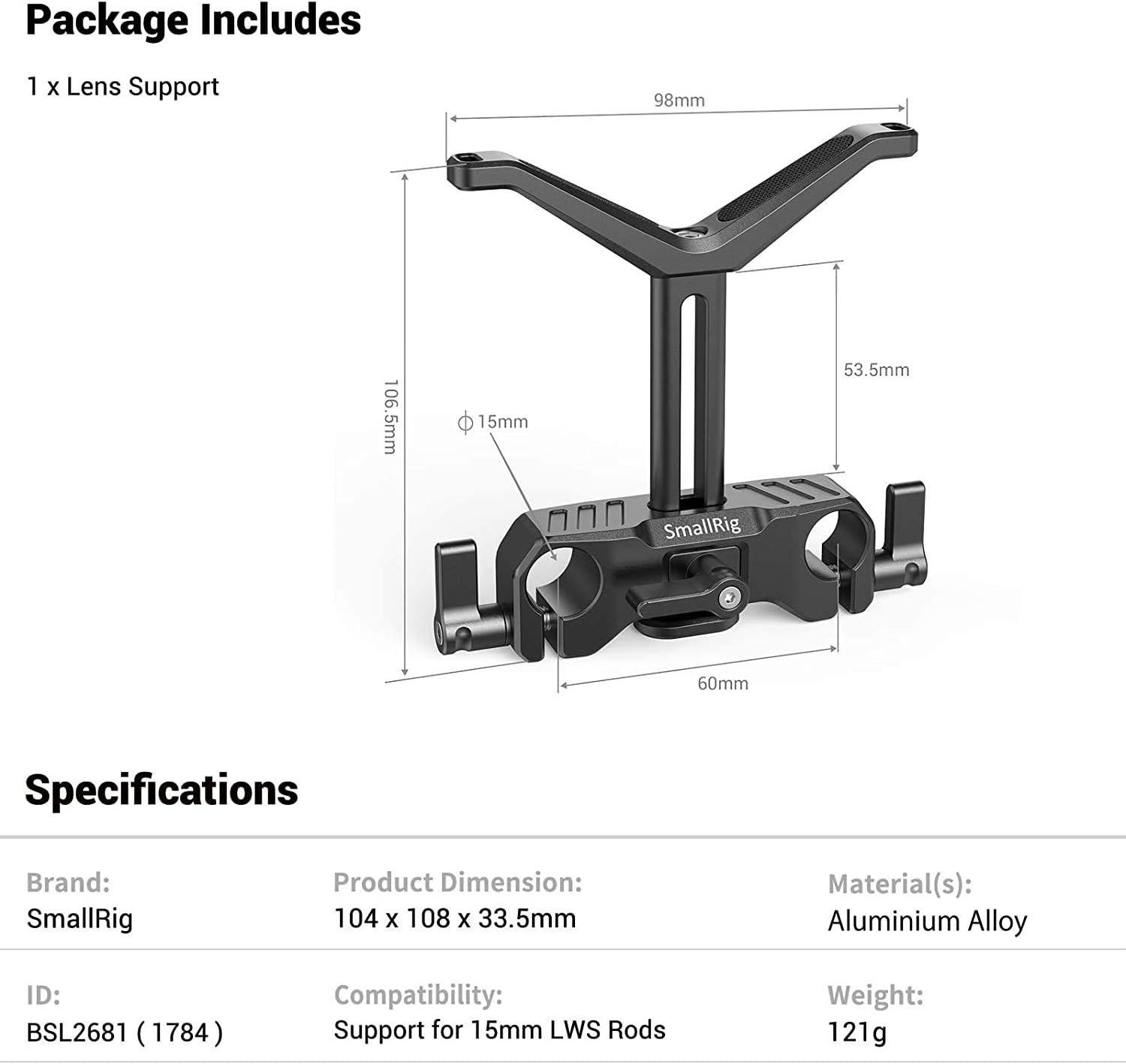 Detalle de SmallRig BSL2681 support d’objectif 15 mm (hauteur réglable jusqu’à 53,5 mm) pour reflex